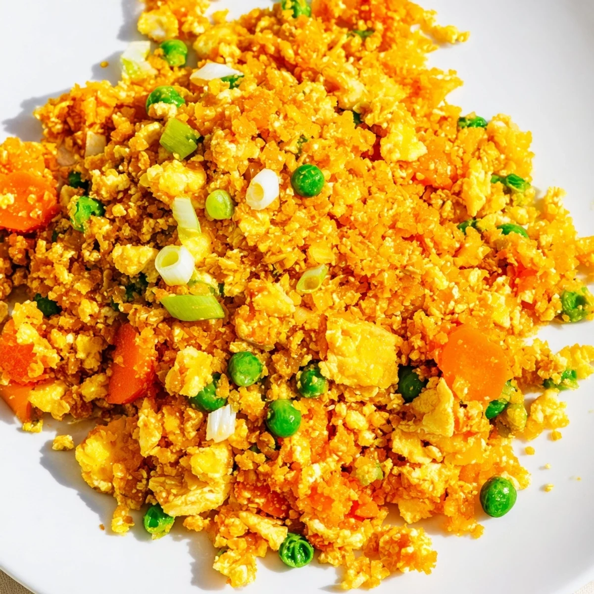 Golden cauliflower fried rice scattered with colorful diced vegetables and fluffy scrambled eggs in a dark skillet