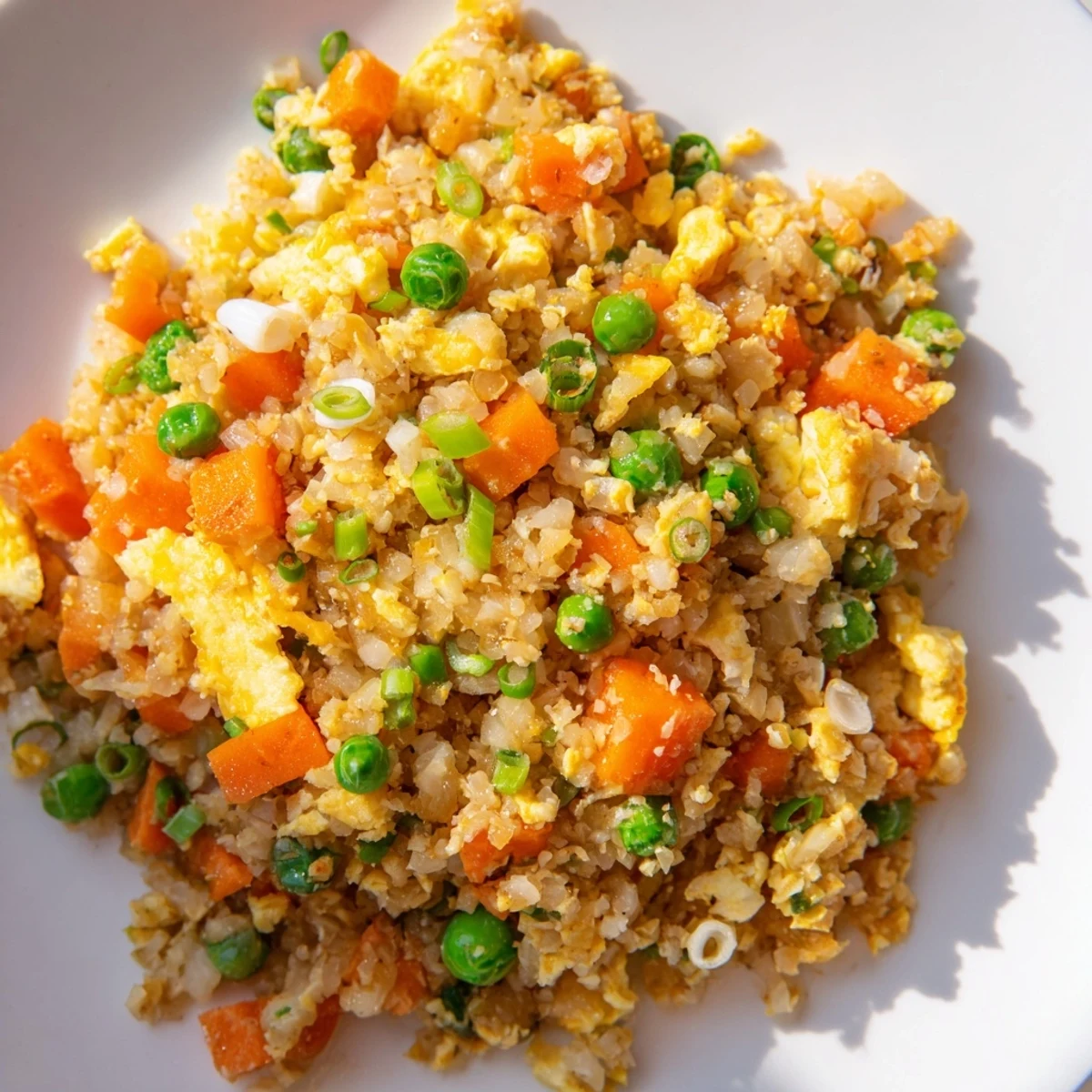 Steamy low carb cauliflower fried rice topped with fresh green onions and tender peas, served piping hot