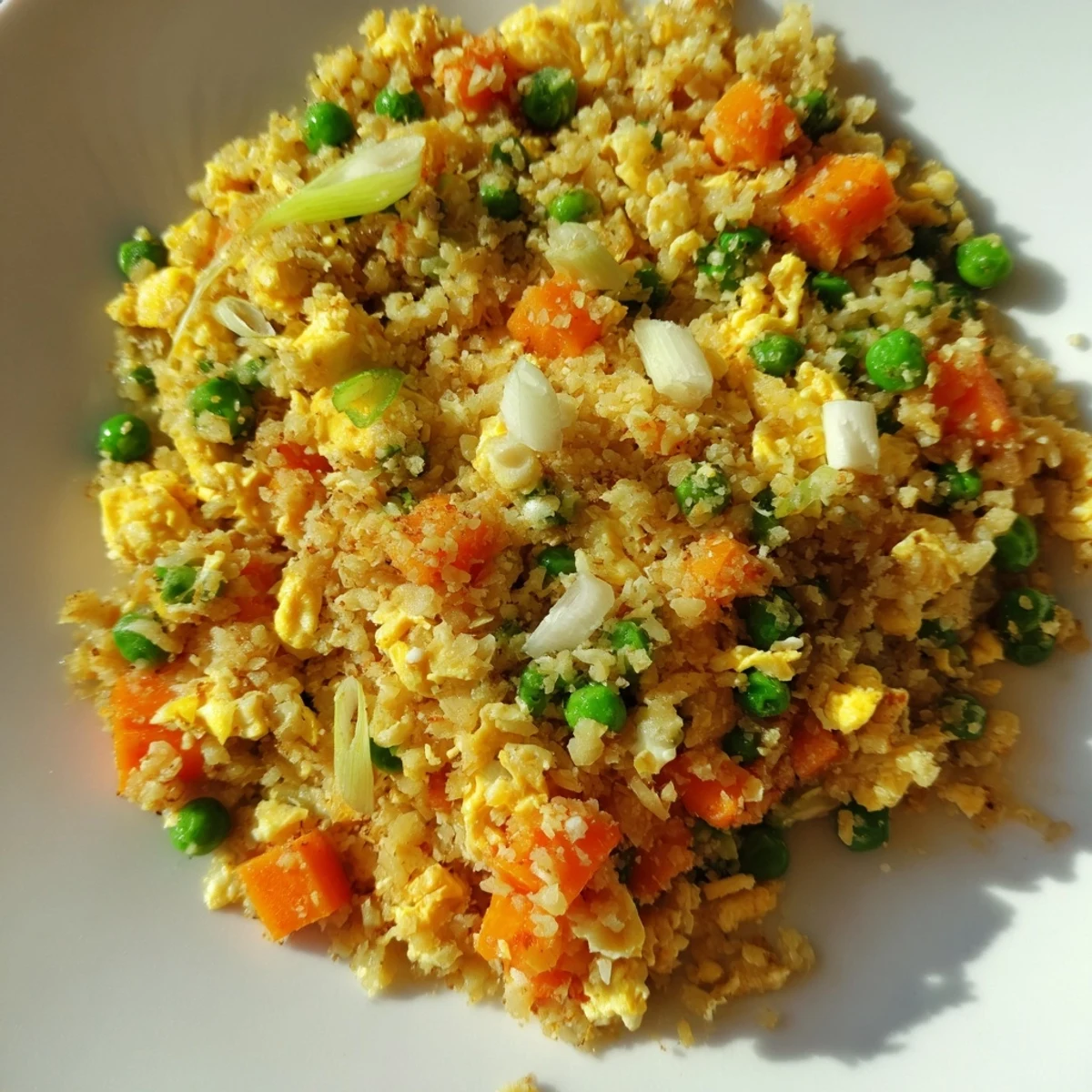 Vibrant vegetable cauliflower fried rice with golden scrambled eggs, featuring a medley of carrots and green peas