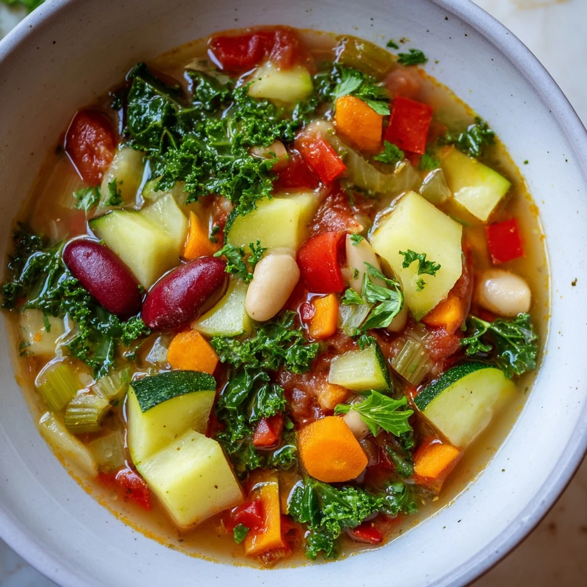 Rustic pot of hearty vegetable and bean soup simmered with potatoes, zucchini, and kidney beans for a comforting meal