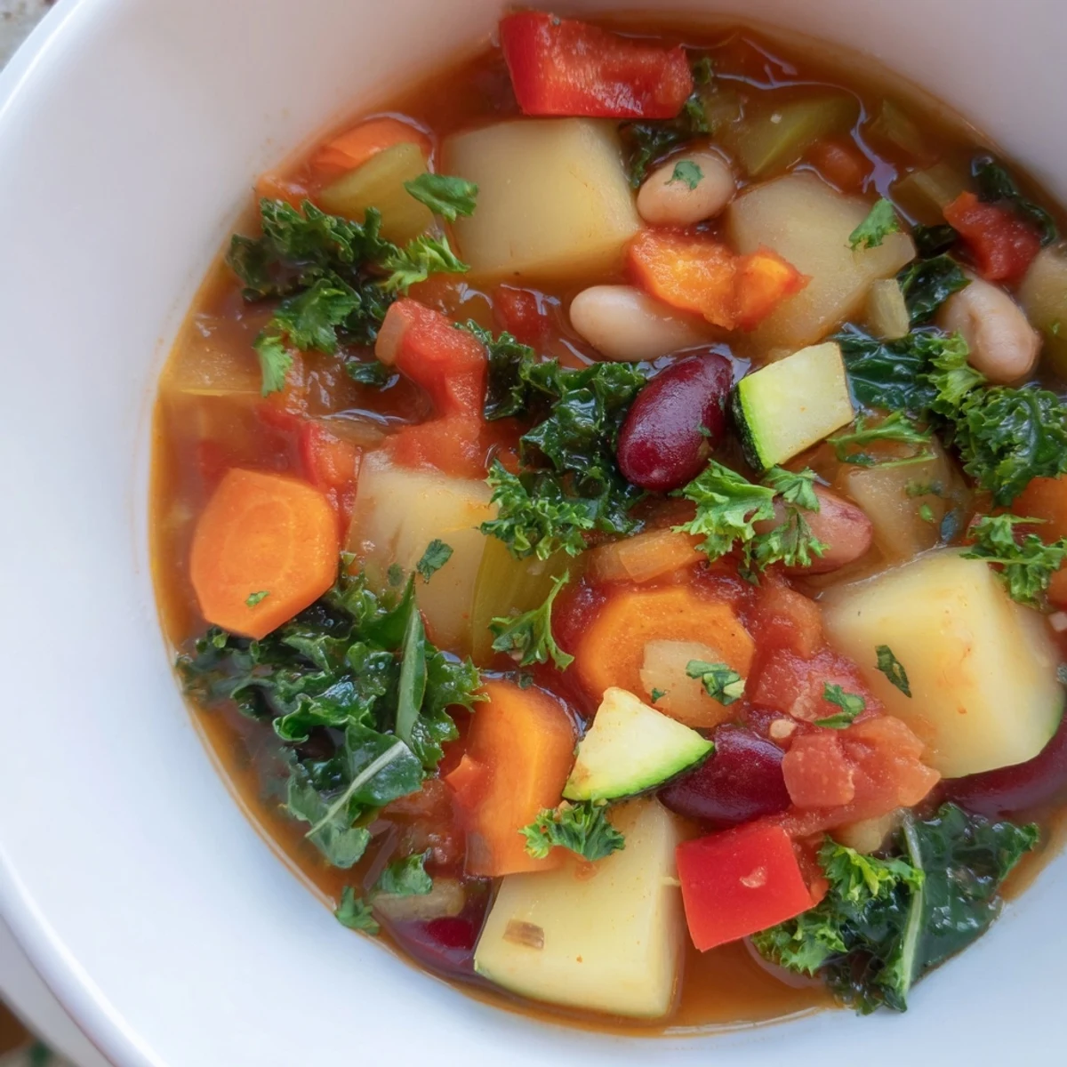 Spoonful of hearty vegetable and bean soup showcasing chunky vegetables, cannellini beans, and vibrant garnish in a deep bowl