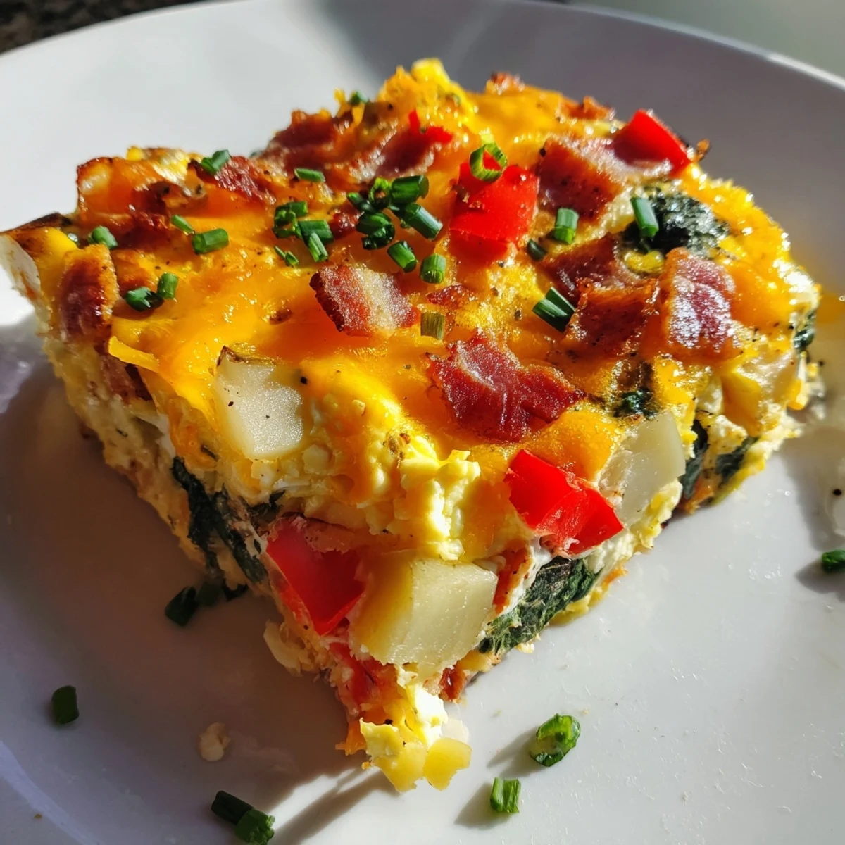 Golden baked breakfast casserole loaded with crispy bacon eggs and melted cheddar cheese