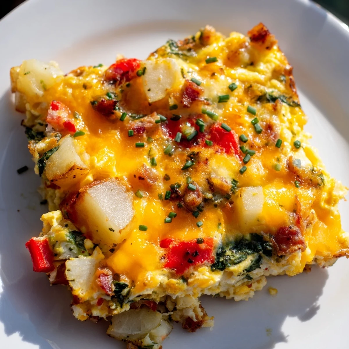 Hearty Brekkie Bake For Dinner featuring fluffy eggs potatoes and fresh vegetables