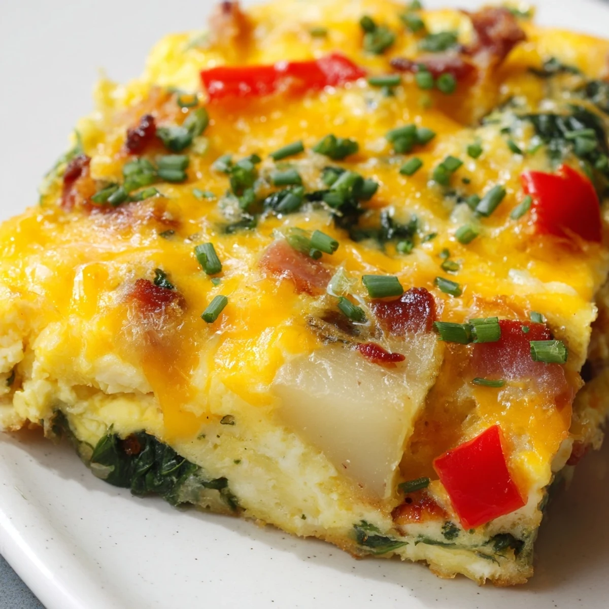 Comforting baked breakfast dish with bacon melty cheese and golden tender potatoes