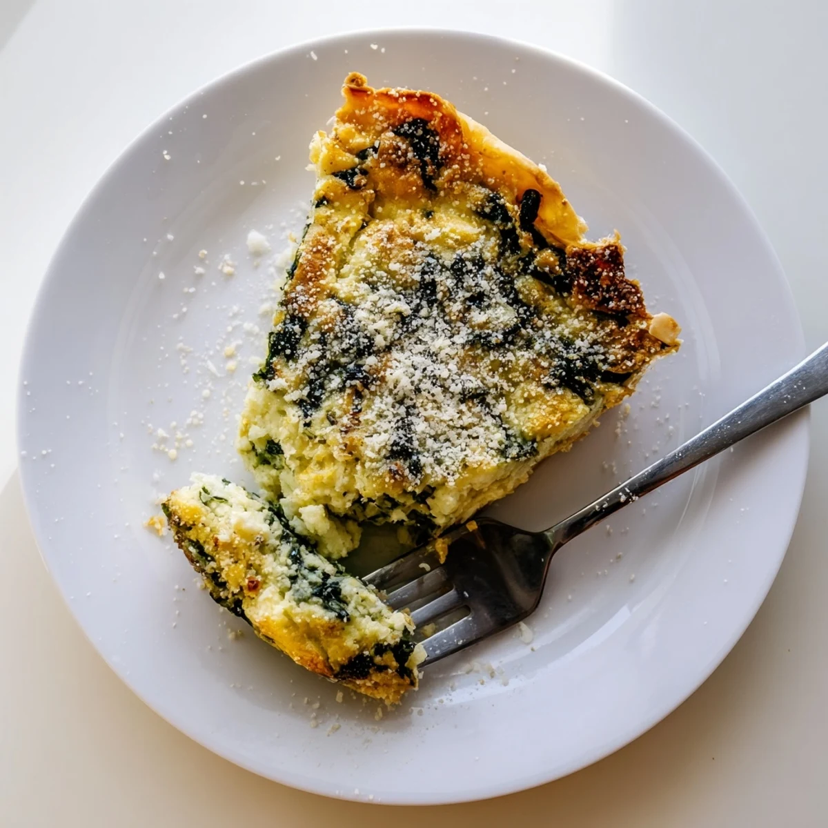 Savory egg pie with silverbeet and ricotta baked until golden brown, sprinkled with grated parmesan cheese