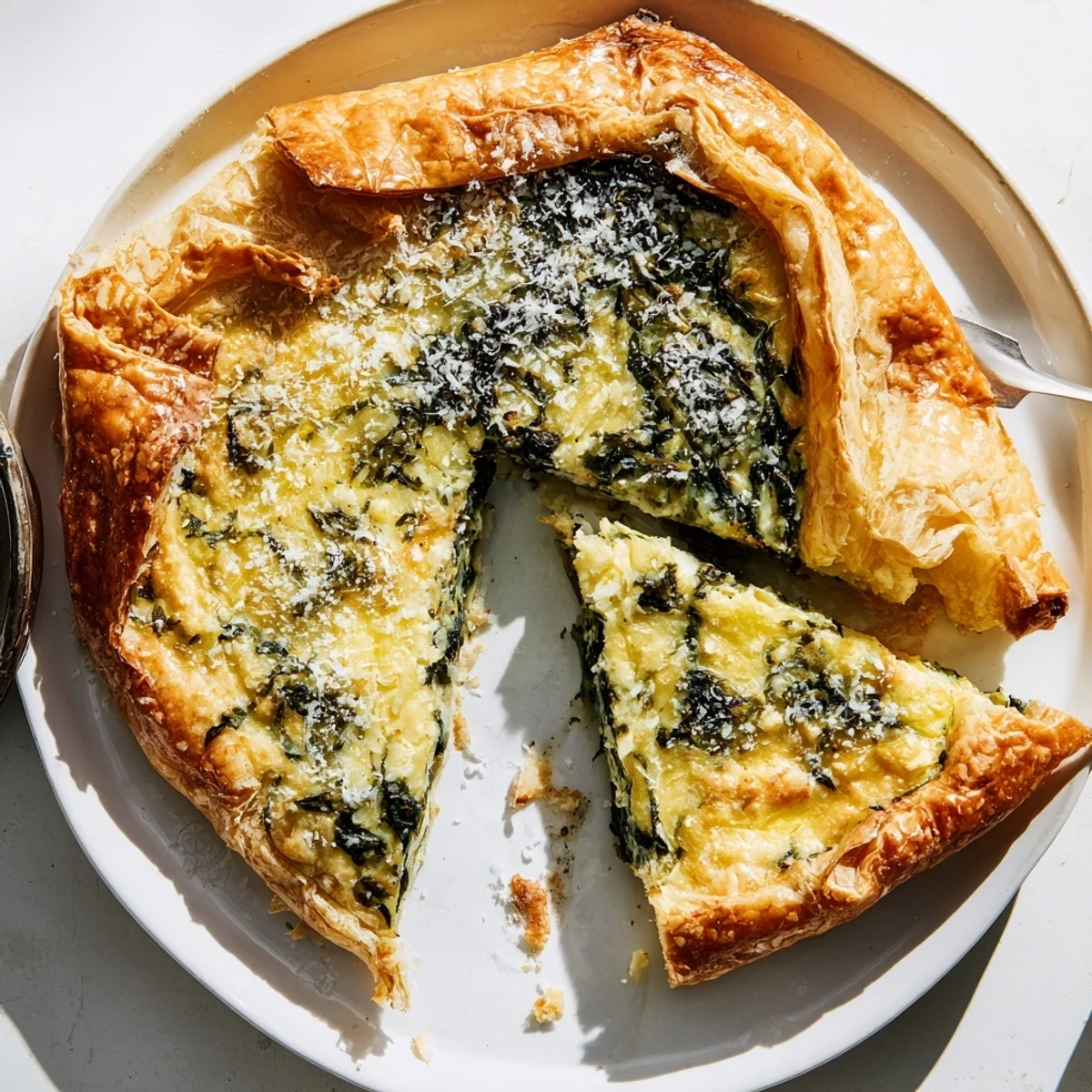 Golden egg pie with silverbeet and ricotta features a flaky pastry crust filled with creamy custard and wilted greens