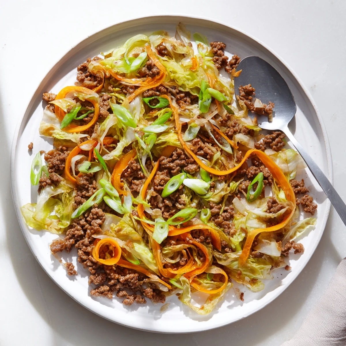 Golden brown ground beef and vibrant green cabbage stir fry tossed in savory Asian sauce