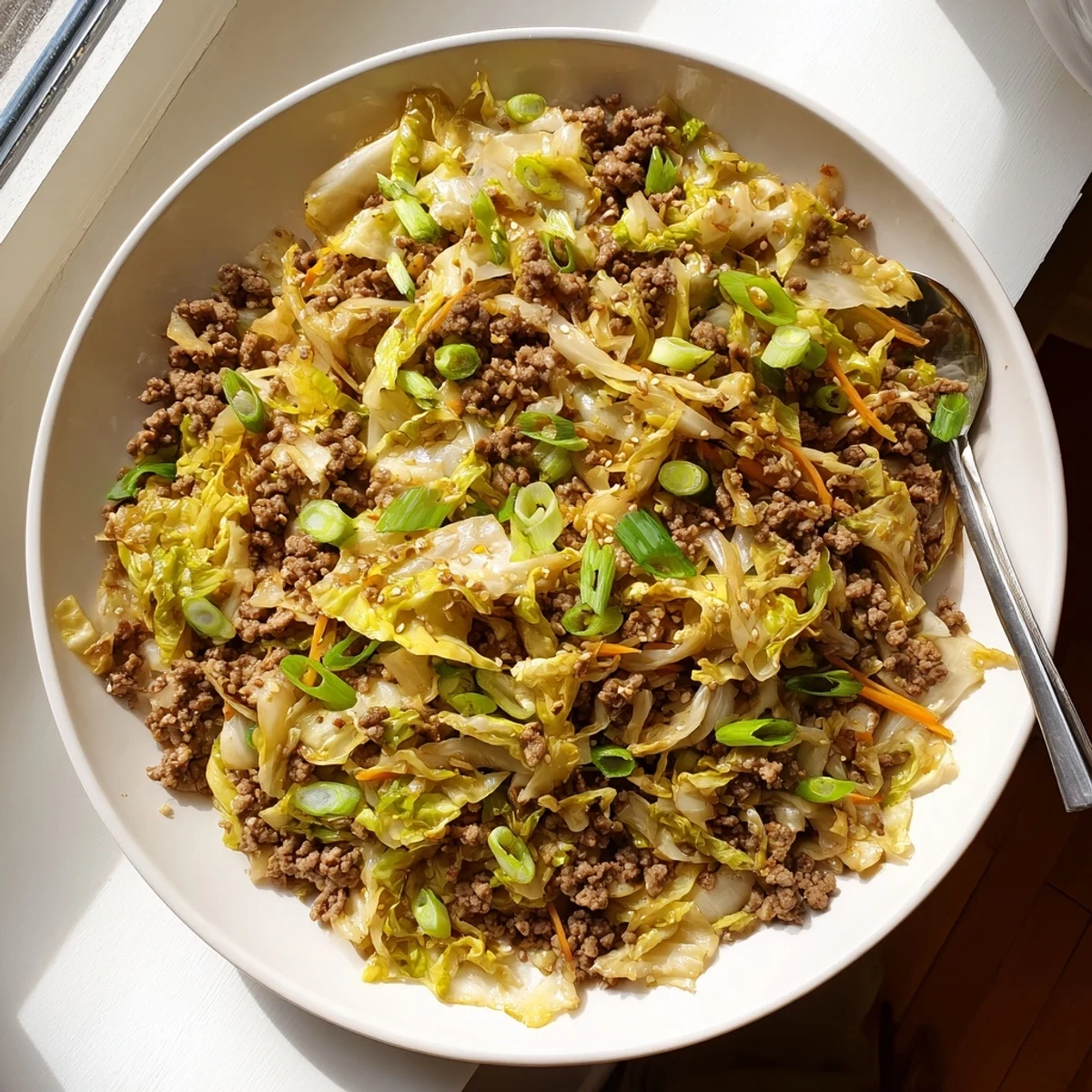 Sizzling skillet of tender ground beef and cabbage stir fry garnished with fresh green onions