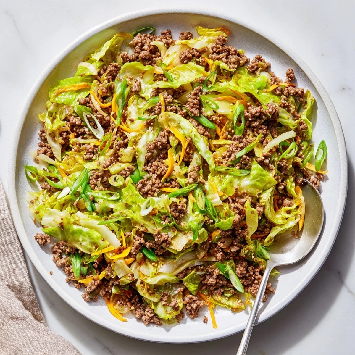 Hearty ground beef and crisp cabbage stir fry served steaming hot in a white bowl