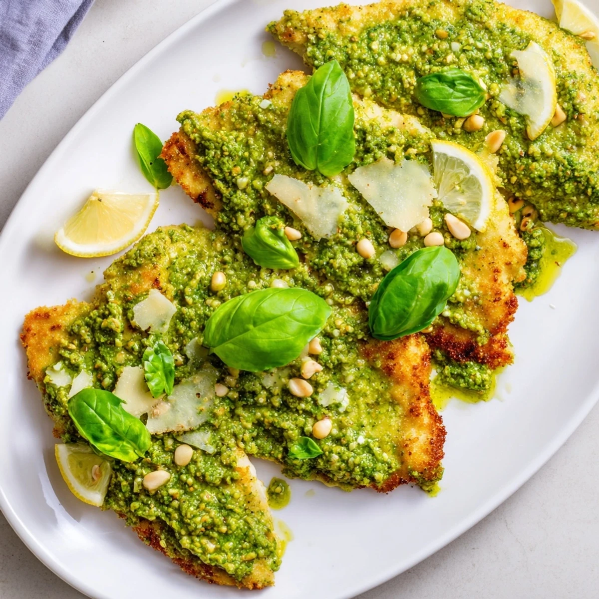 Golden baked chicken breasts topped with vibrant green lemon basil pesto sauce