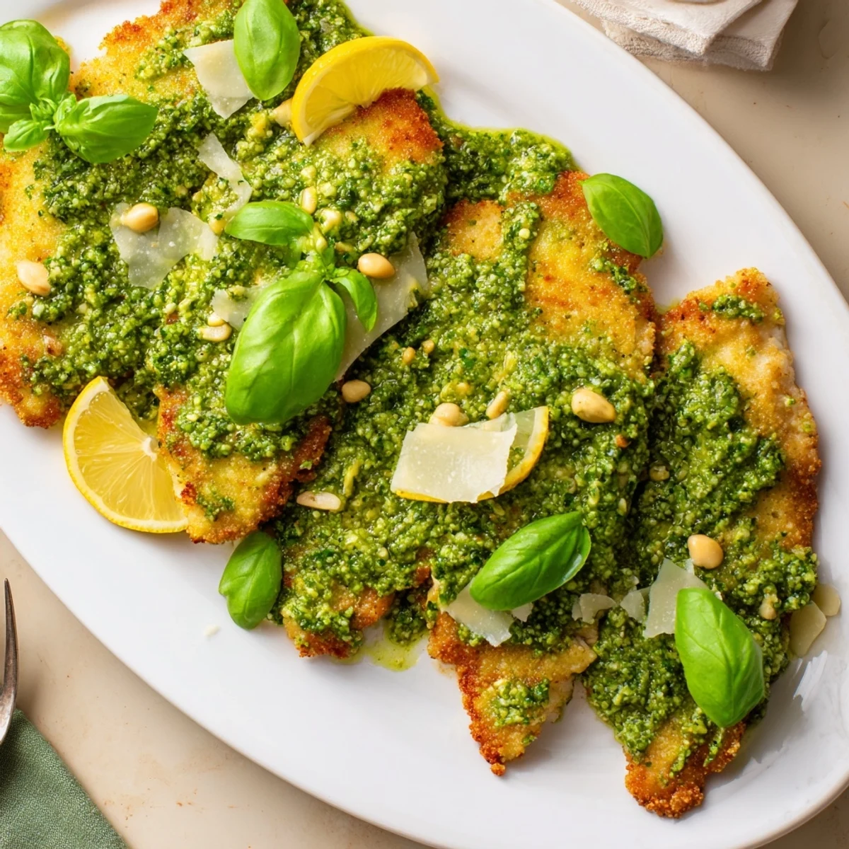 Tender pesto baked chicken drizzled with zesty lemon basil sauce and parmesan