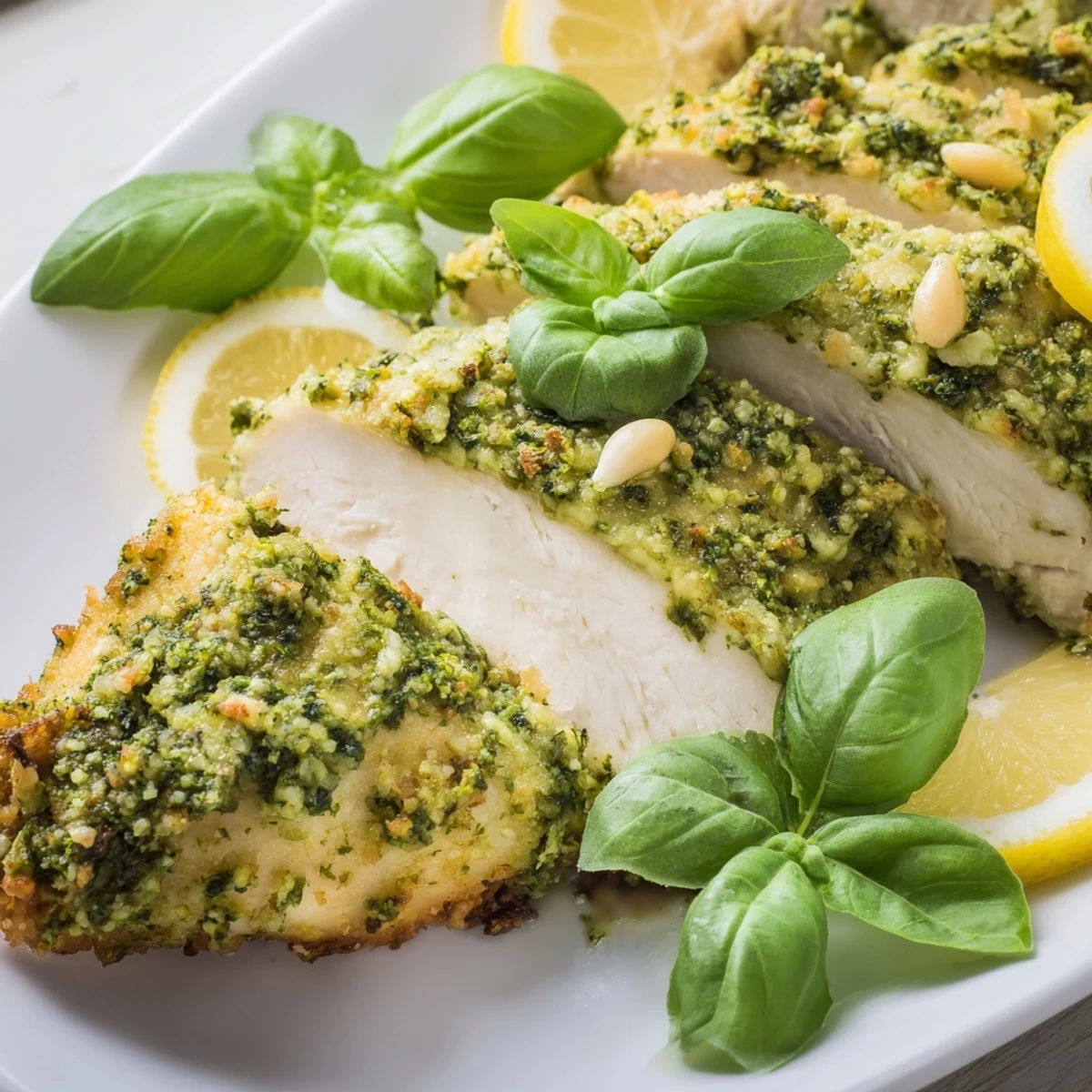 Fresh lemon basil pesto chicken garnished with basil leaves and lemon slices