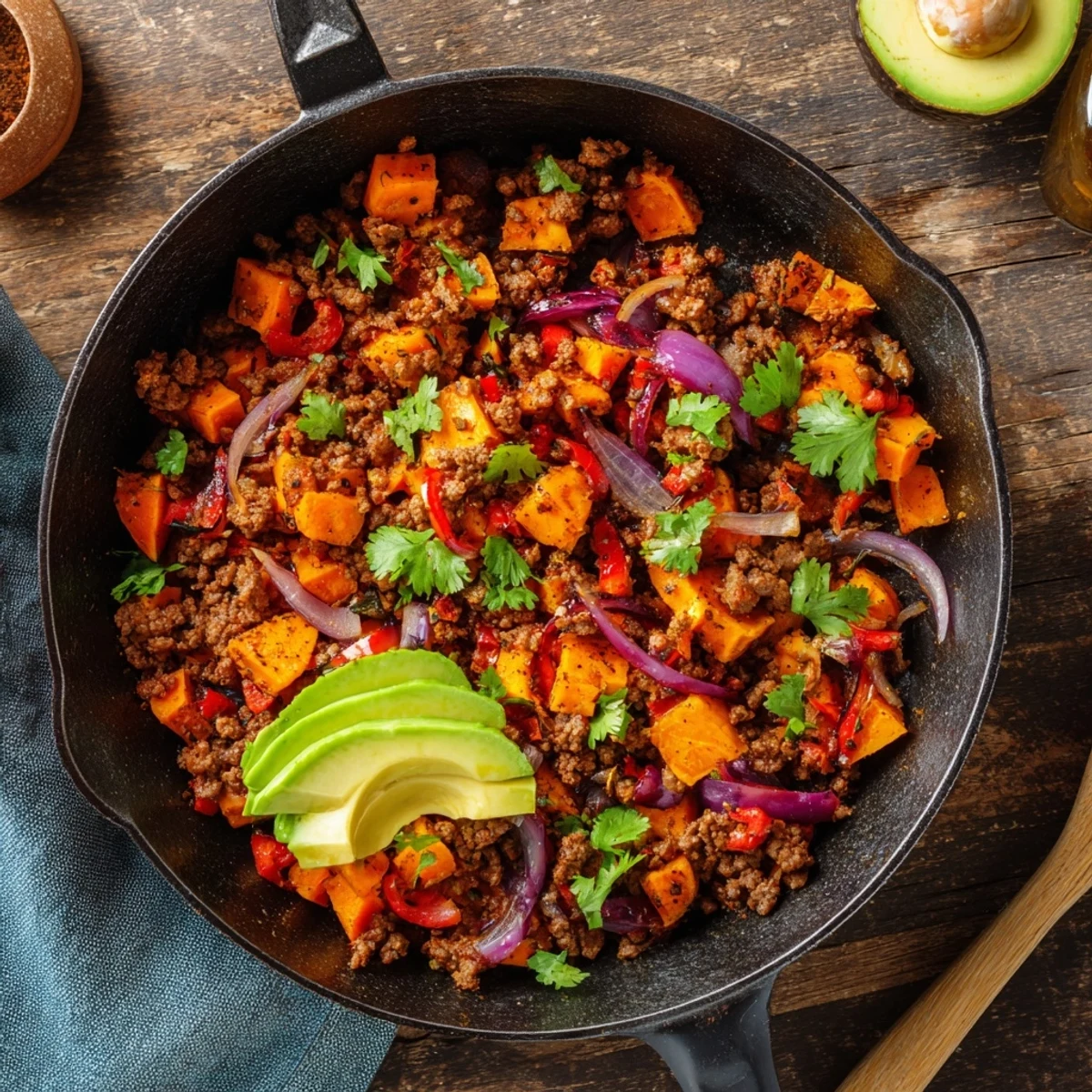 Golden Southwest ground beef and sweet potato skillet steaming in a cast iron pan with vibrant red peppers and diced onions