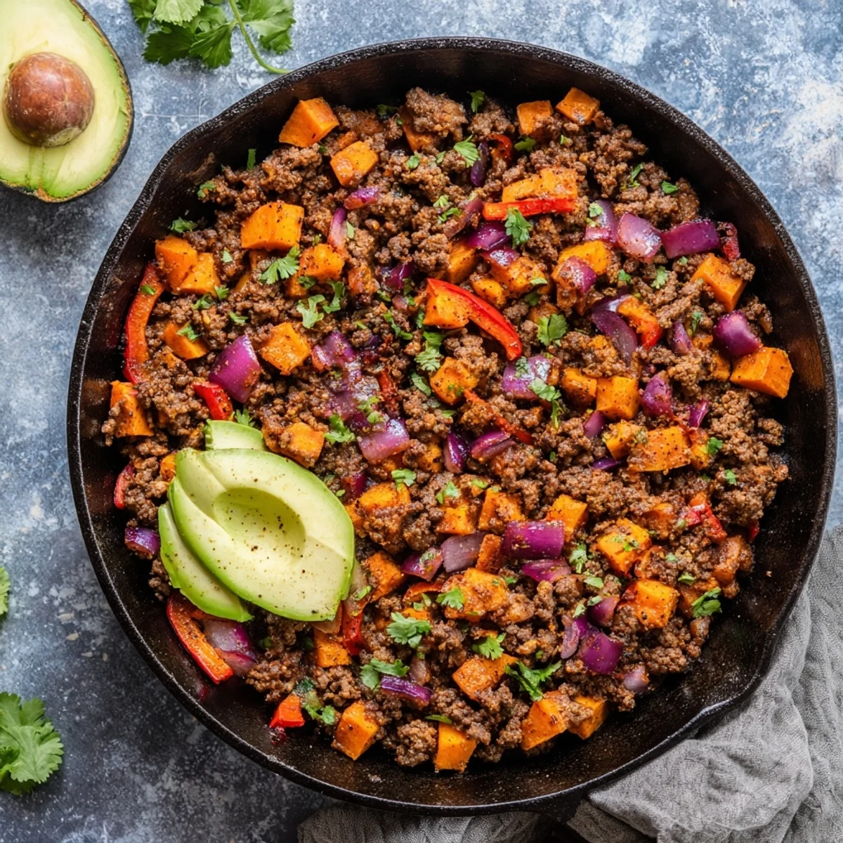 Hearty one-pan Southwest ground beef and sweet potato skillet topped with fresh cilantro, creamy avocado slices, and melted cheddar