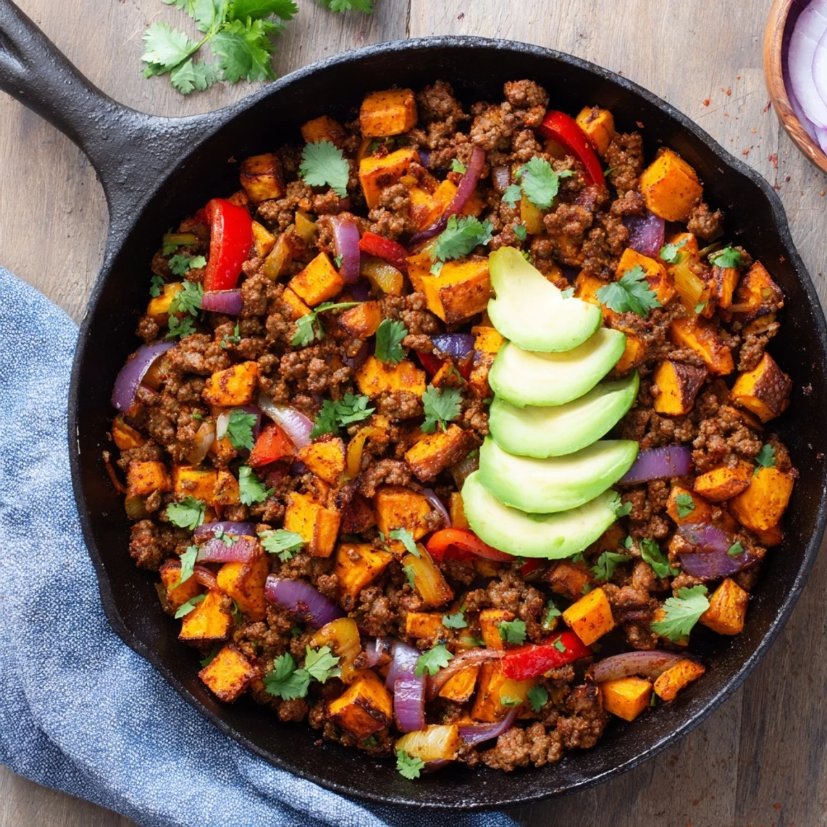 Colorful Southwest ground beef and sweet potato skillet featuring tender spiced beef chunks, caramelized vegetables, and bold Mexican seasonings