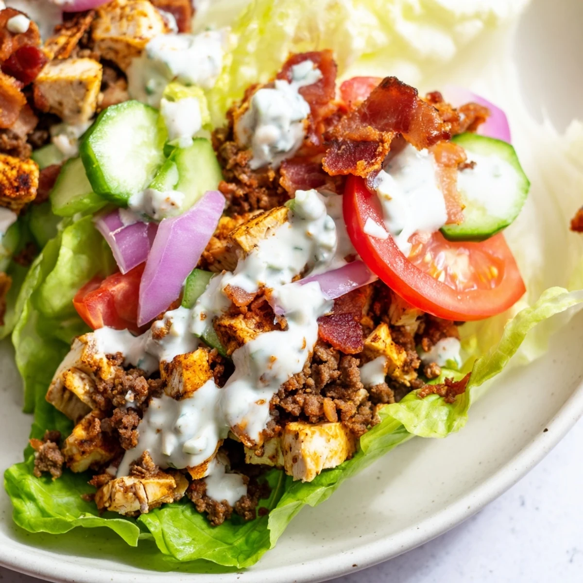 Colorful low-carb lettuce cups filled with seasoned beef, chicken, and fresh vegetables