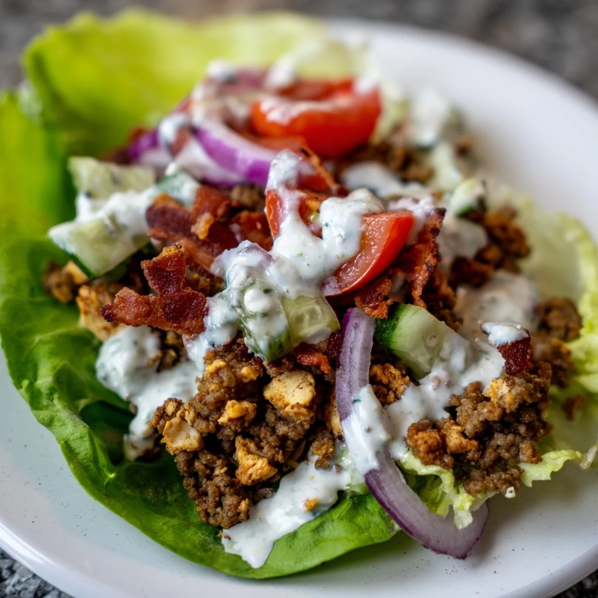 Crispy bacon-topped chicken and beef lettuce wraps drizzled with creamy ranch dressing