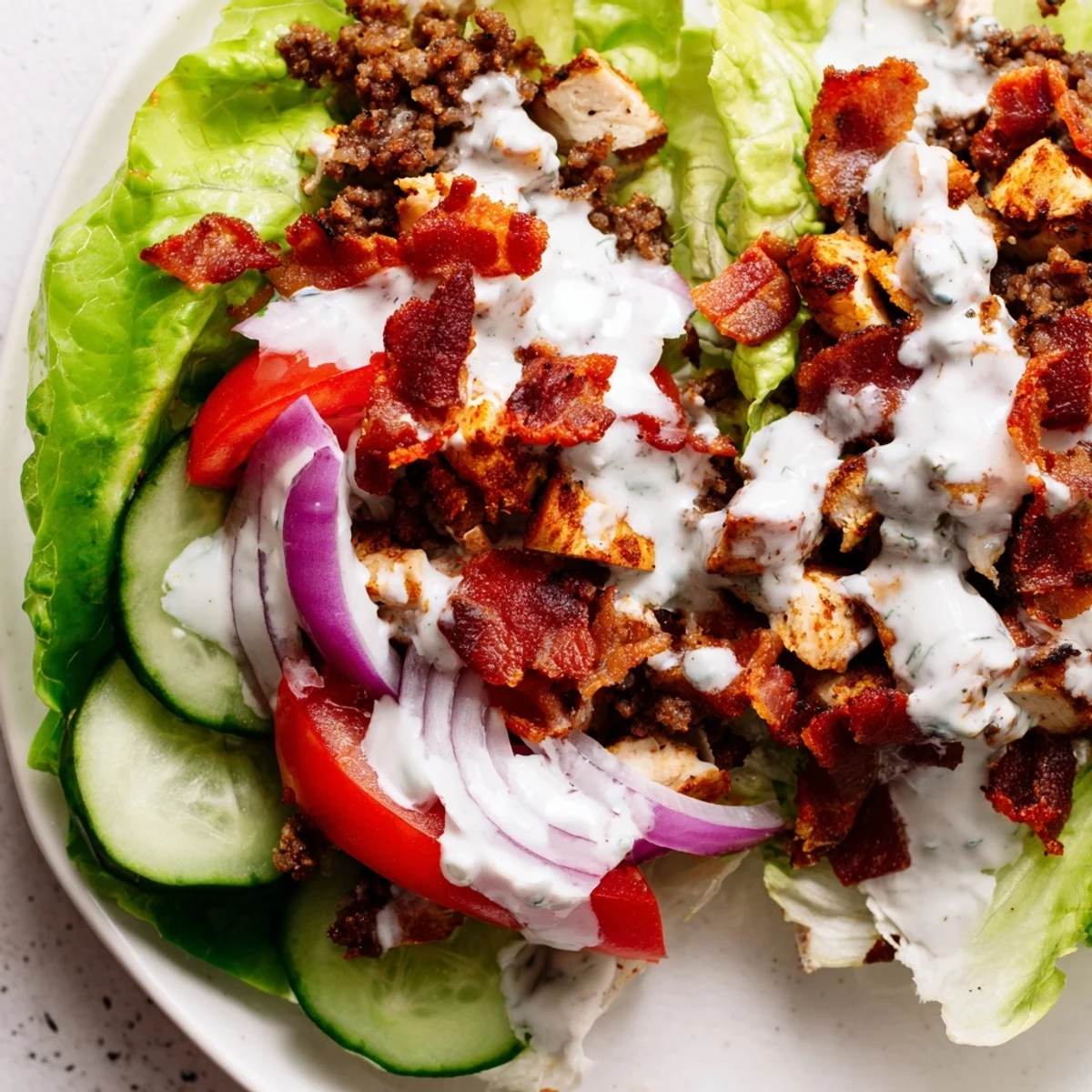 Hearty protein-packed lettuce wraps featuring bacon, chicken, and beef with cool ranch