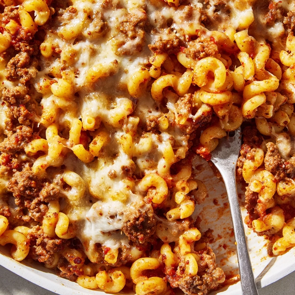 Comforting garlic butter beefaroni pasta topped with melted mozzarella and savory ground beef