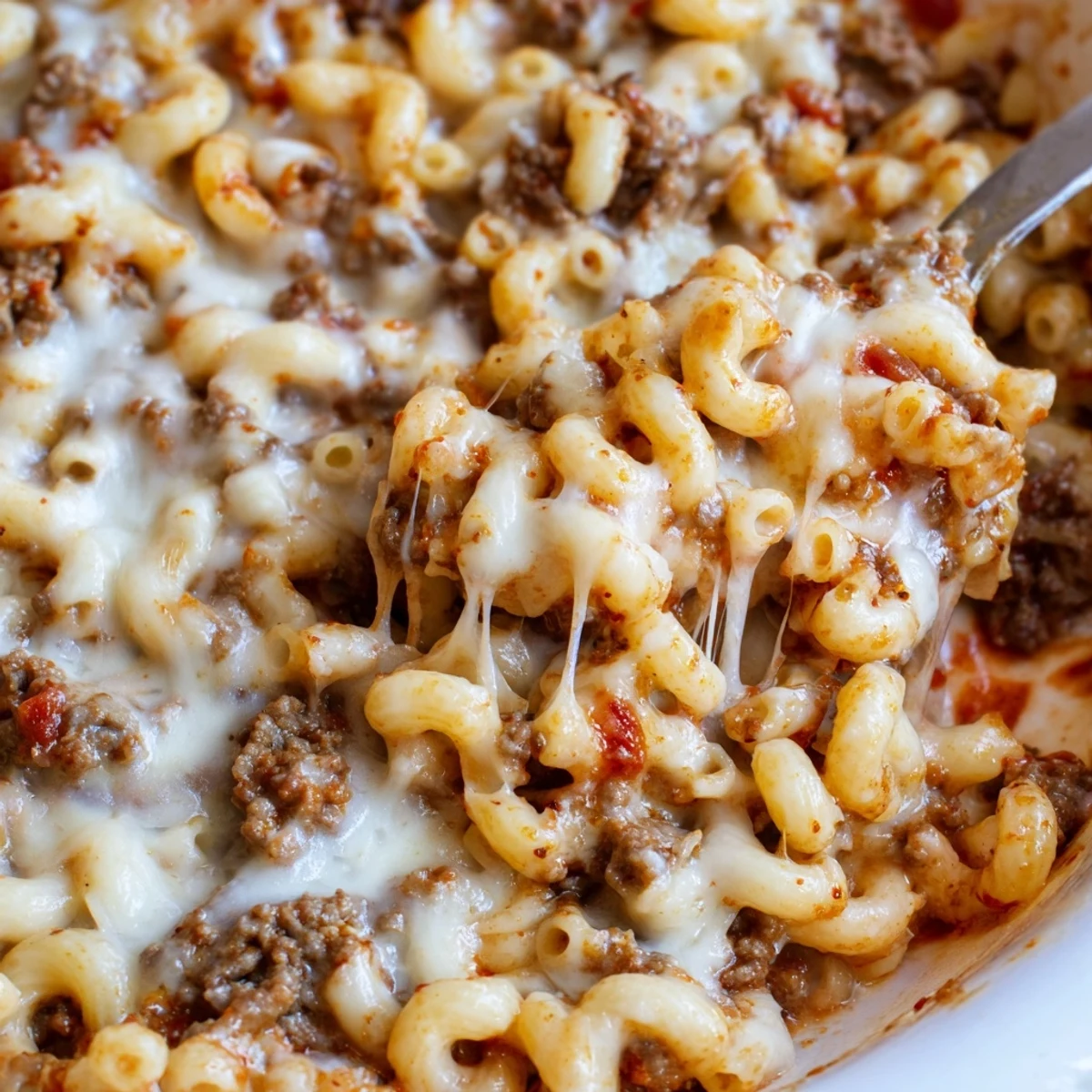Golden cheesy garlic butter beefaroni baked to bubbling perfection in a casserole dish