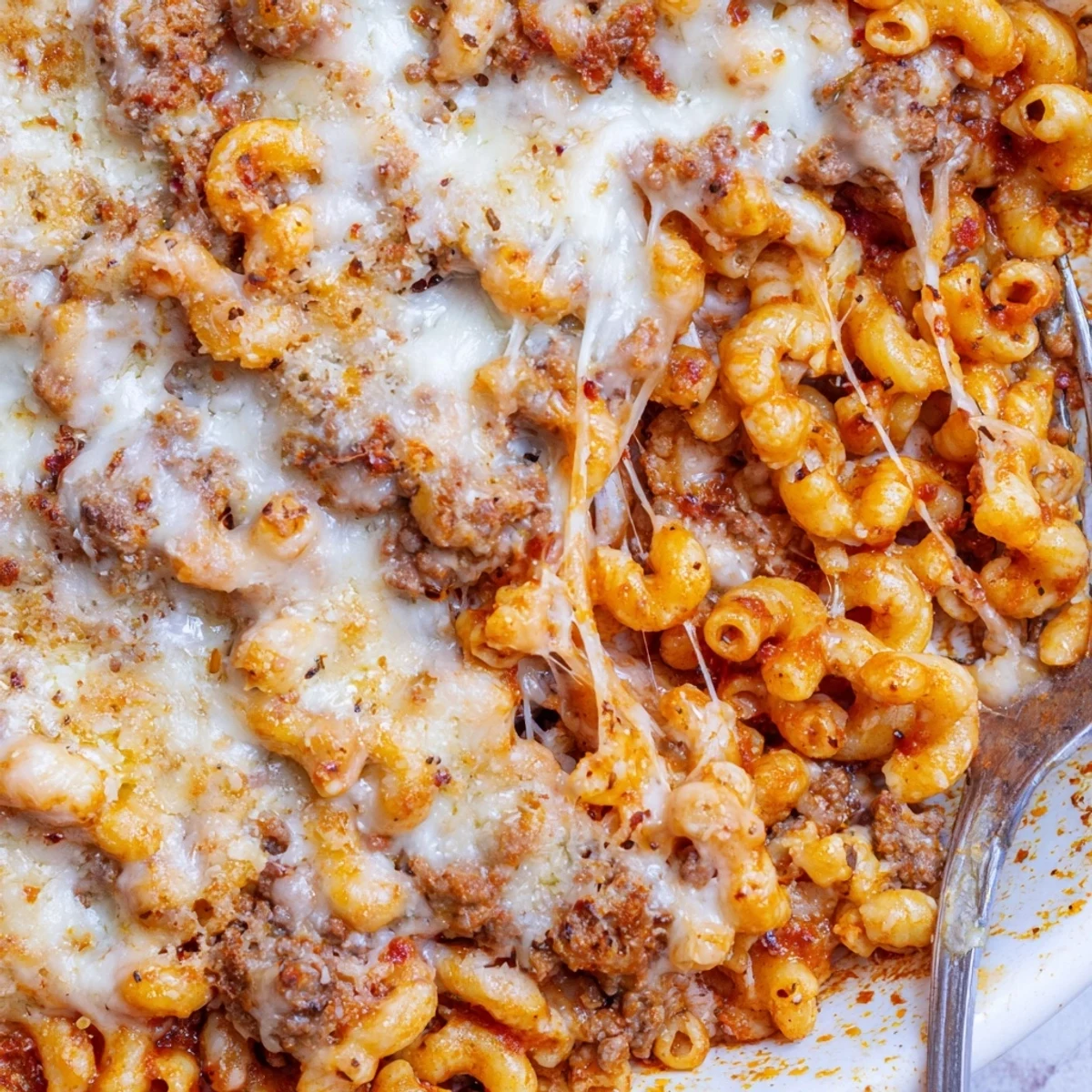 Homemade garlic butter beefaroni featuring tender macaroni in a rich tomato meat sauce