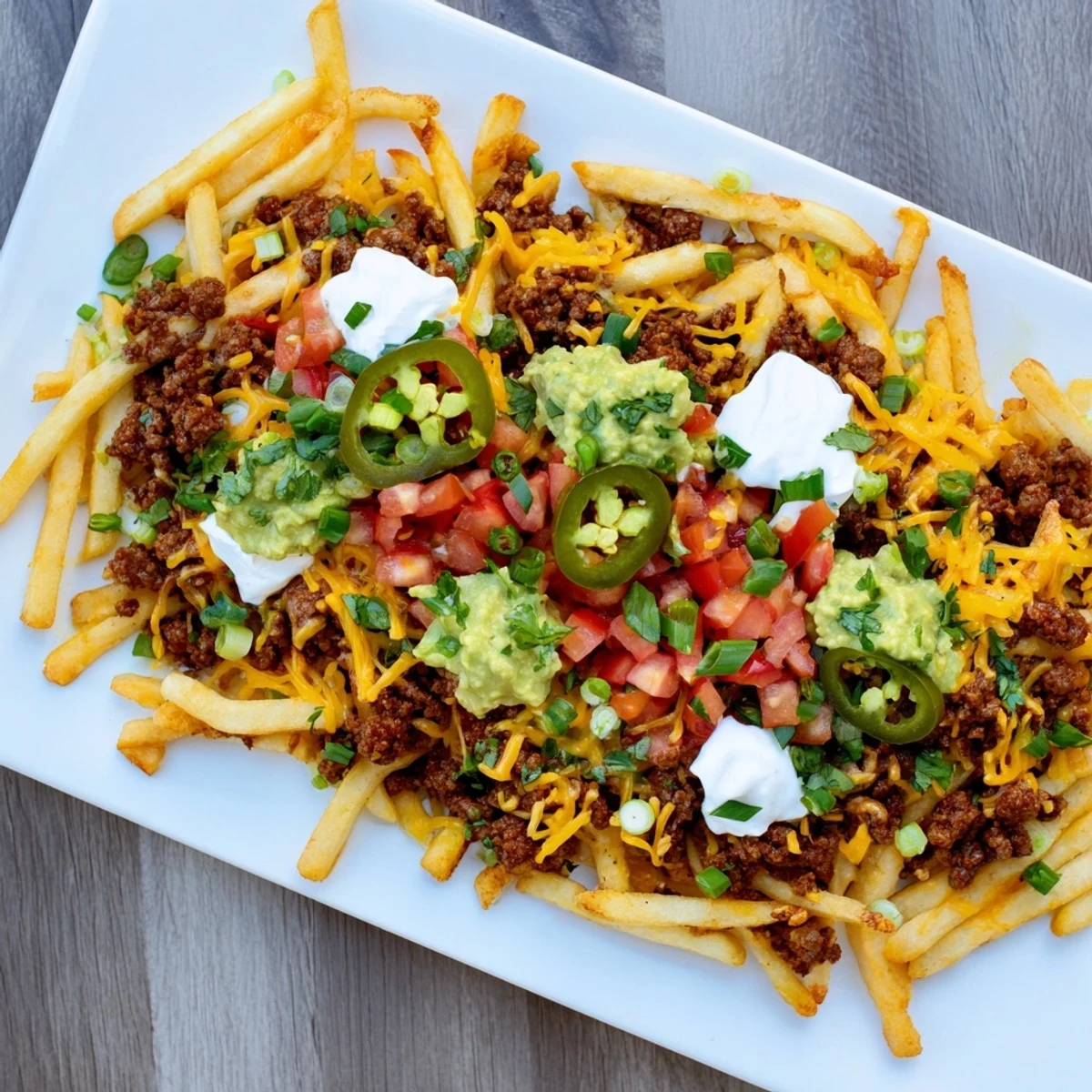 Heaping plate of taco beef loaded fries featuring savory ground meat, bubbly cheese blend, sour cream, guacamole, and crisp jalapeño slices