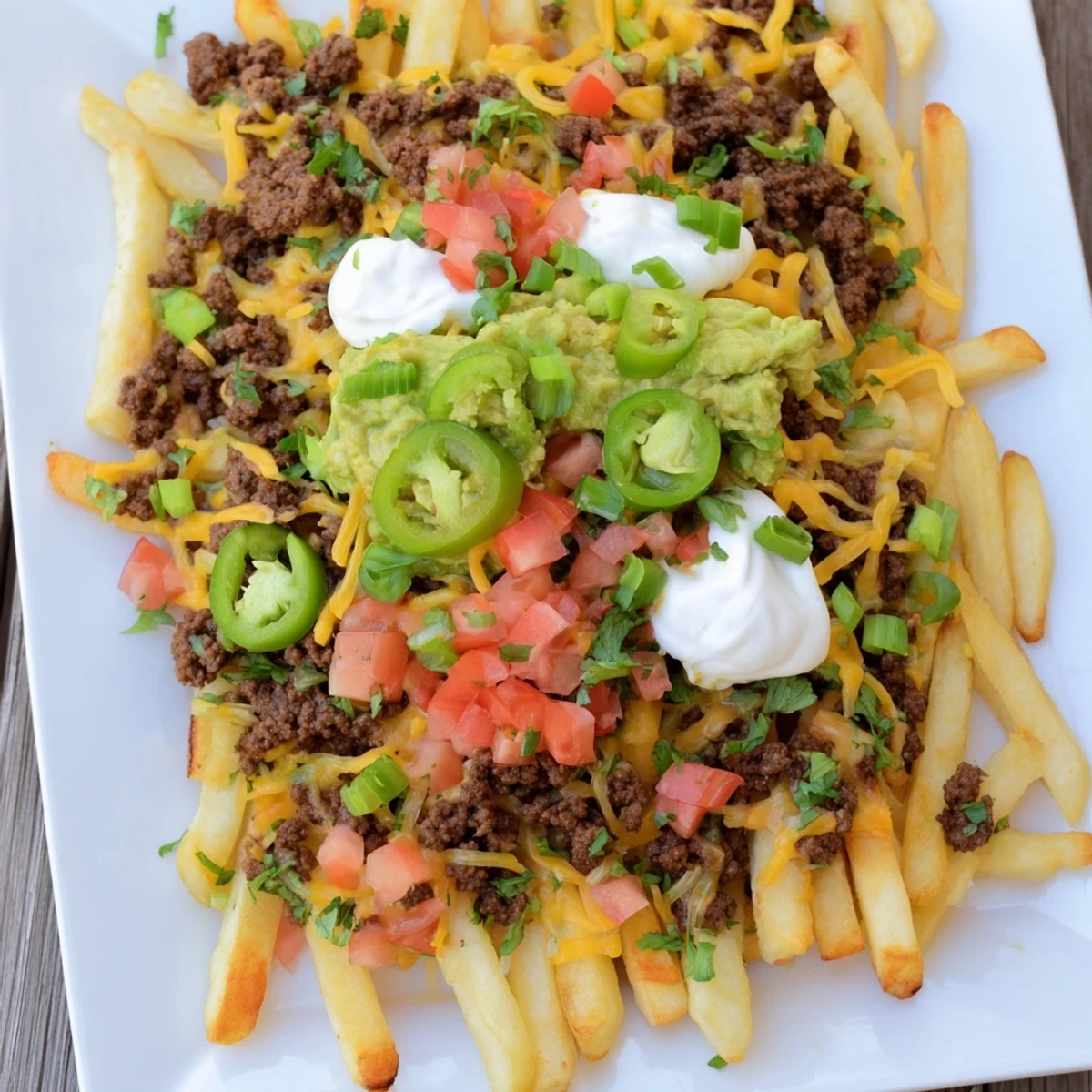 Golden crispy fries loaded with seasoned taco beef, melted cheddar and Monterey Jack, topped with fresh diced tomatoes and green onions