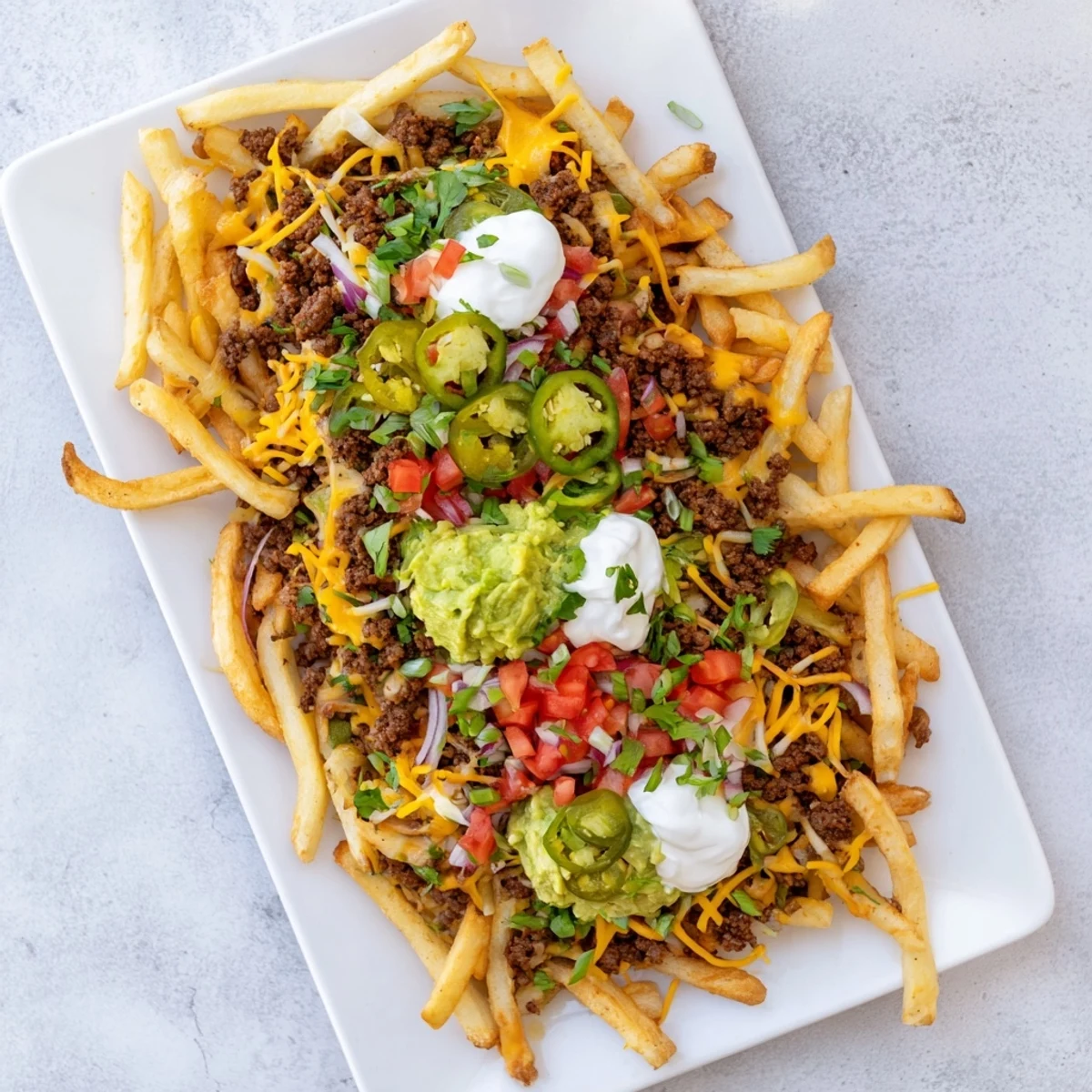 American-Mexican fusion dish with golden French fries piled high with spiced beef, two cheeses, cilantro, and vibrant vegetable toppings