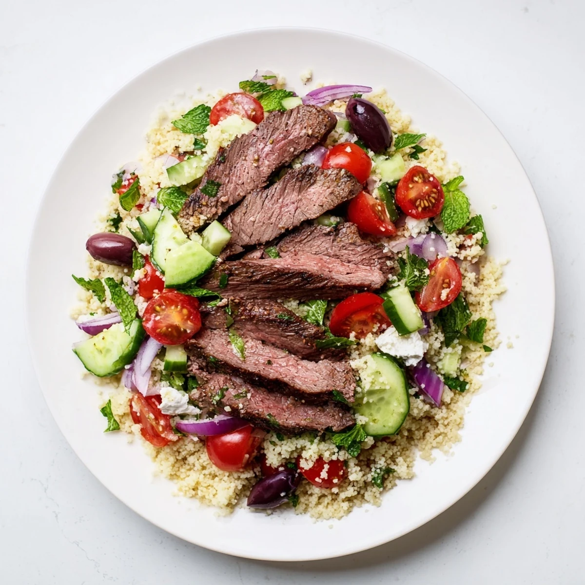 Plated grilled skirt steak couscous salad featuring juicy sliced steak over fluffy grain and colorful cherry tomatoes