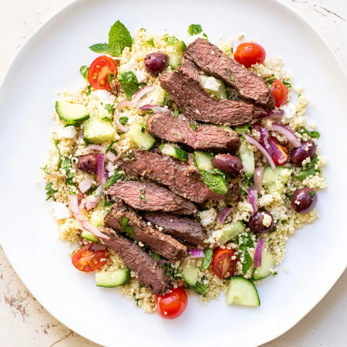 Colorful bowl of grilled skirt steak couscous salad with fresh cucumber, olives, and zesty lemon herb dressing