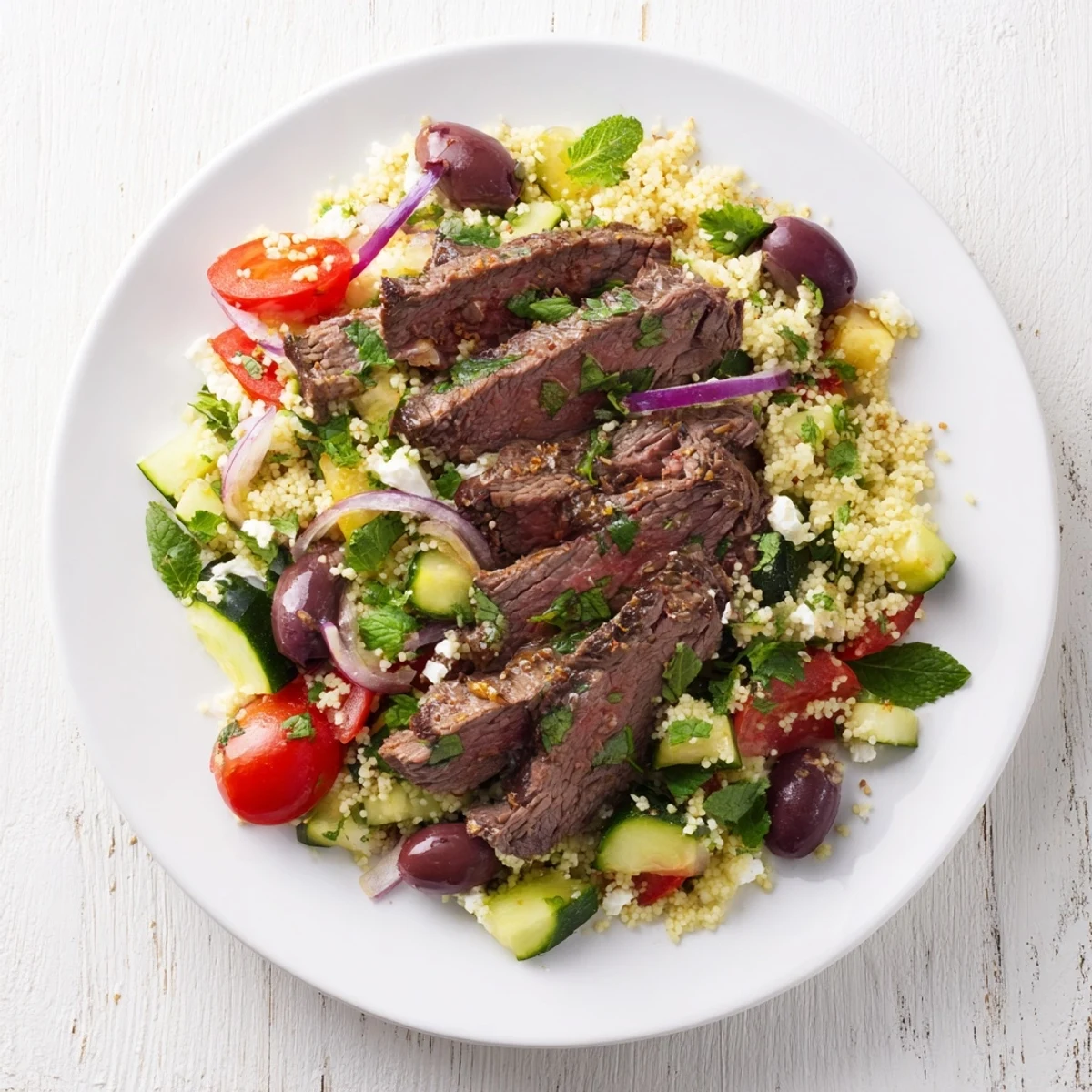 Summer-style grilled skirt steak couscous salad arranged on white platter with vibrant vegetables and mint garnish