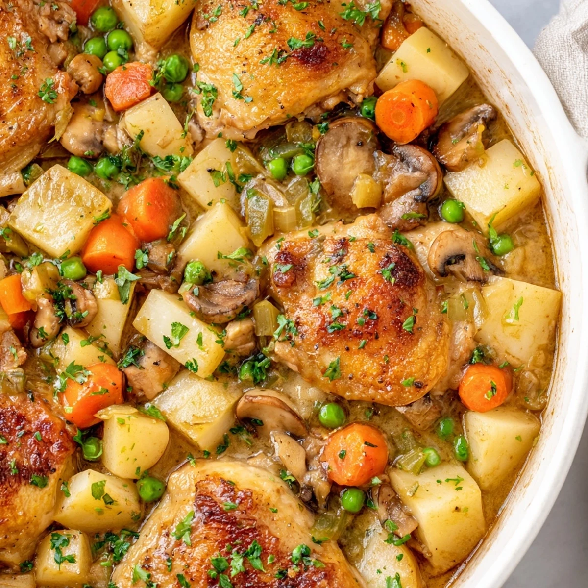 Golden brown chicken thighs nestled in a rustic French casserole with tender vegetables and herbs