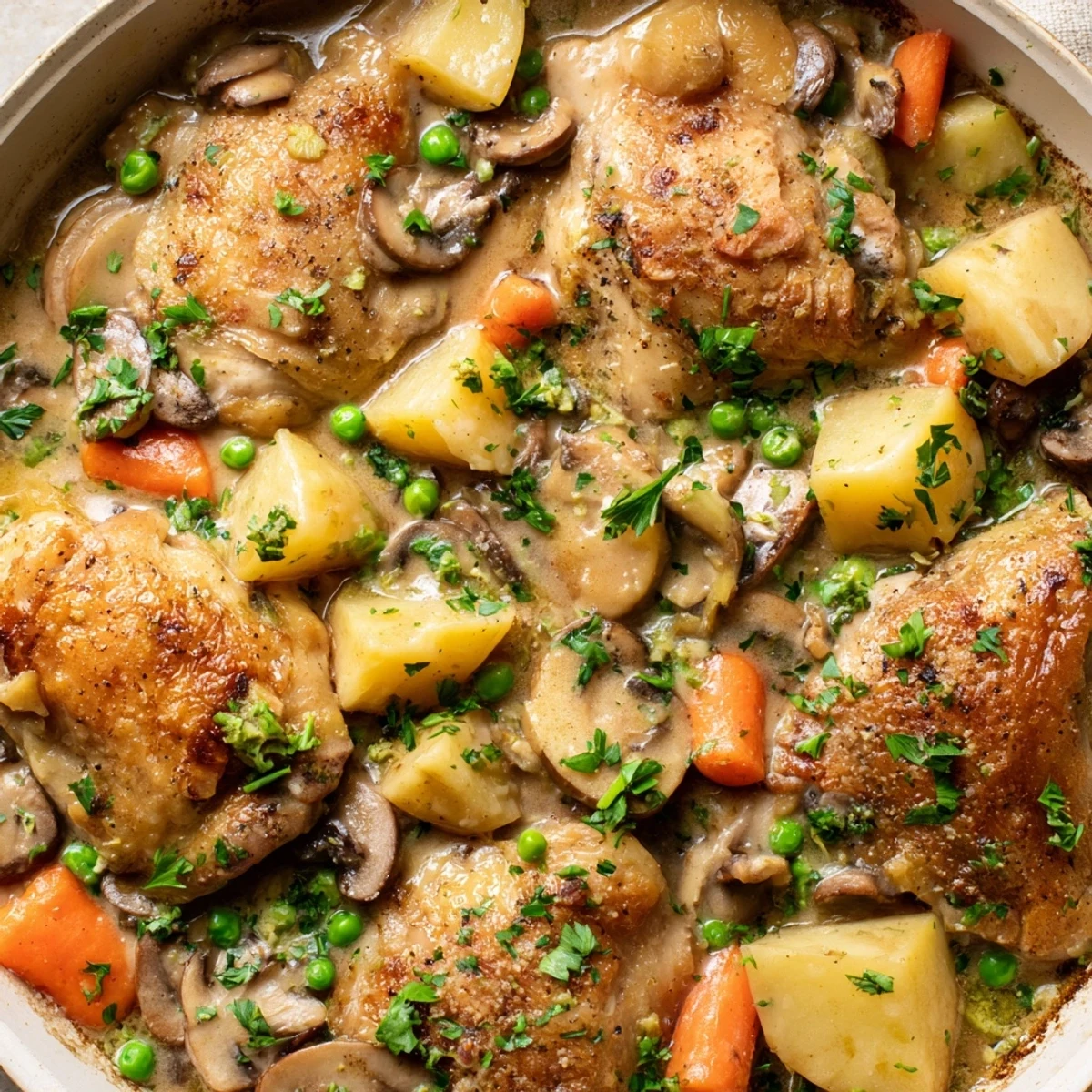Comforting French chicken casserole bubbling in a Dutch oven with white wine sauce and root vegetables