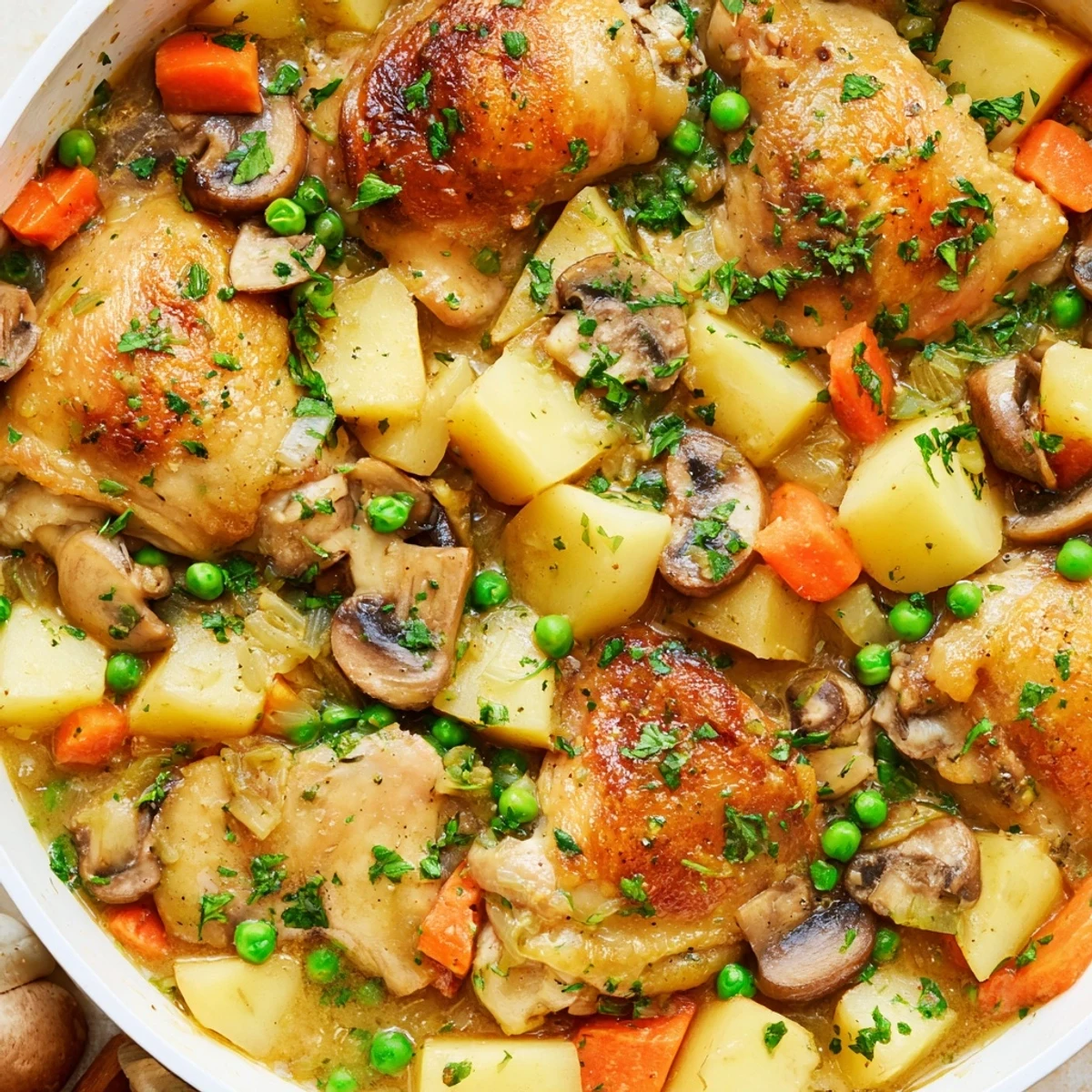 Savory French chicken casserole with seared skin-on thighs, mushrooms, and fresh parsley garnish