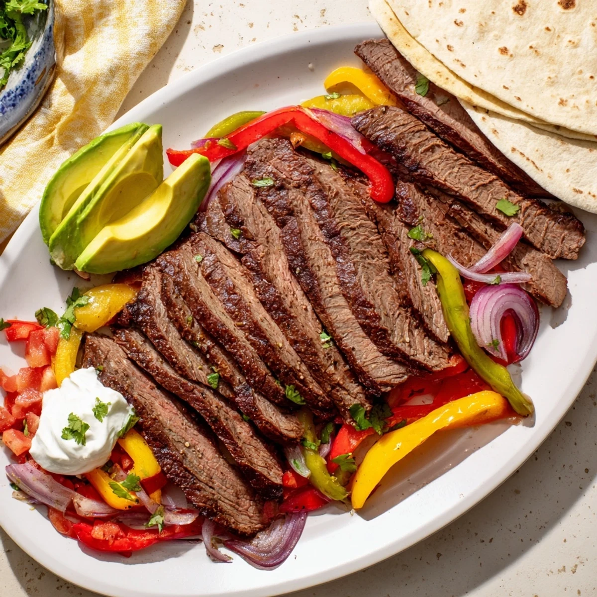 Sizzling grilled steak fajita platter featuring juicy strips against colorful sautéed bell peppers and onions.