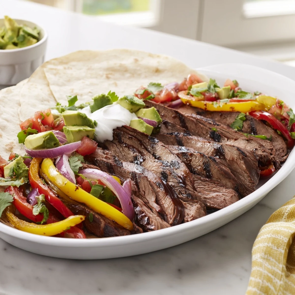 Vibrant Tex-Mex spread of grilled steak fajitas with warm tortillas and fresh garnishes on wooden board.