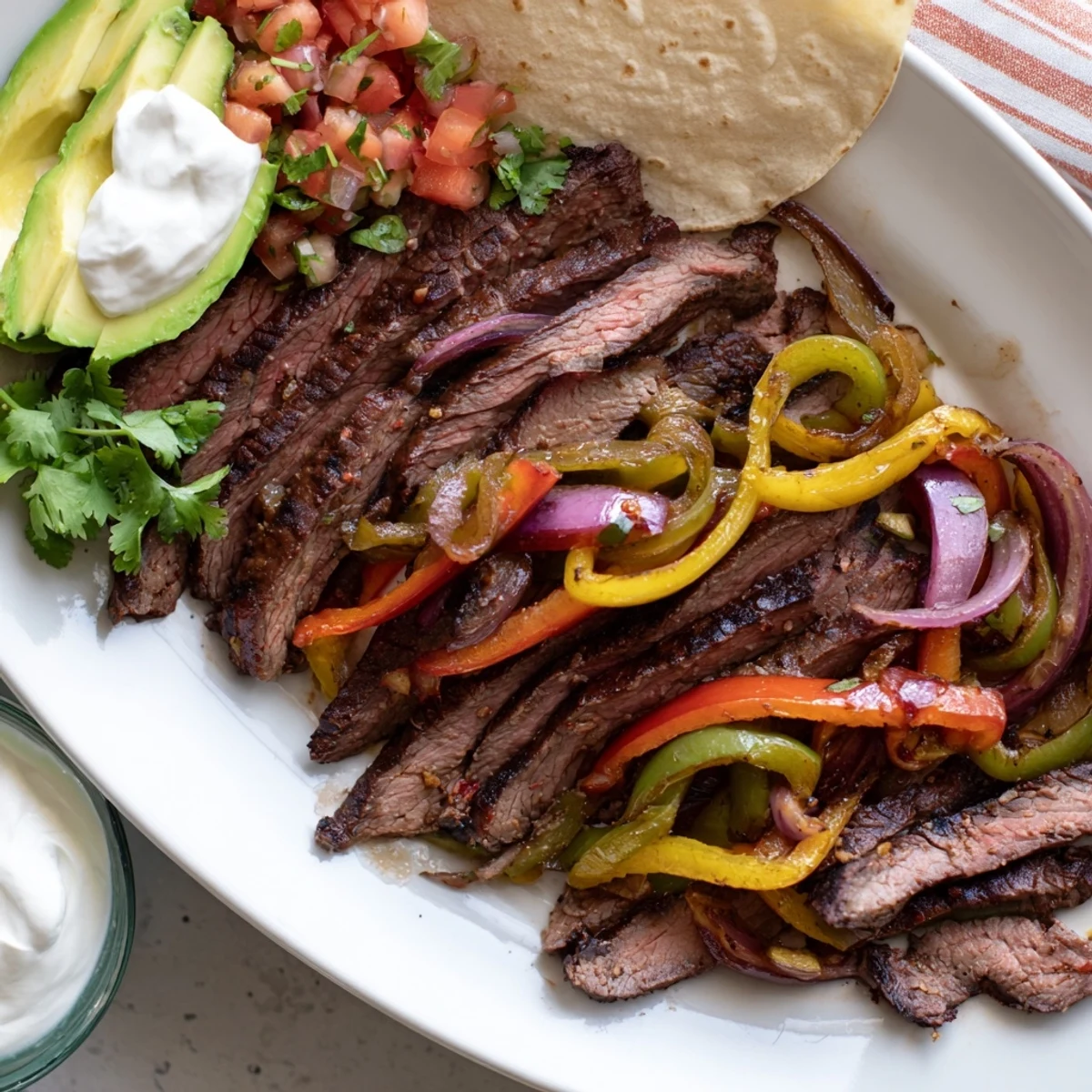 Perfectly grilled steak fajita arrangement smothered in tender peppers and onions ready for wrapping.