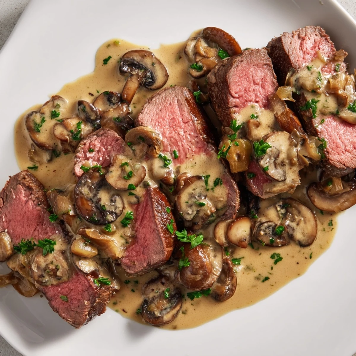 Sliced beef tenderloin with melted mushroom cream sauce drizzled over juicy medium-rare meat