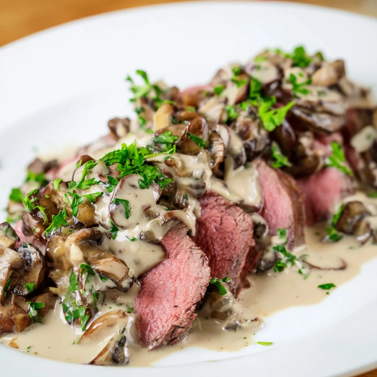 Whole roasted beef tenderloin plated with golden mushroom cream sauce and fresh parsley garnish