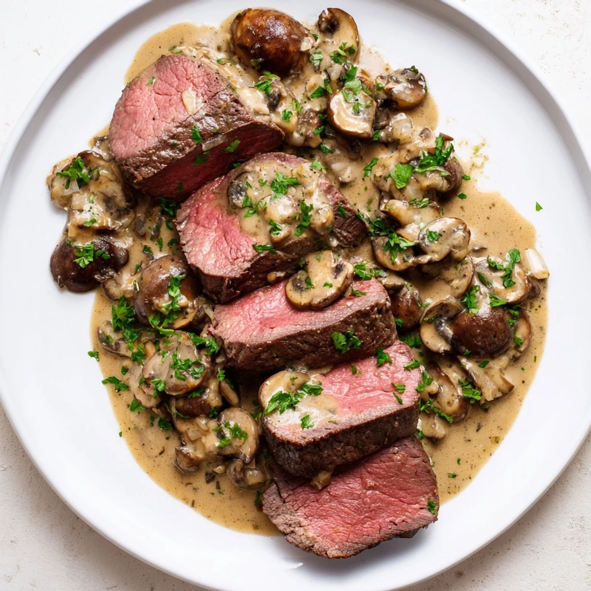 Elegant dinner plate featuring tender beef tenderloin topped with velvety mushroom cream sauce