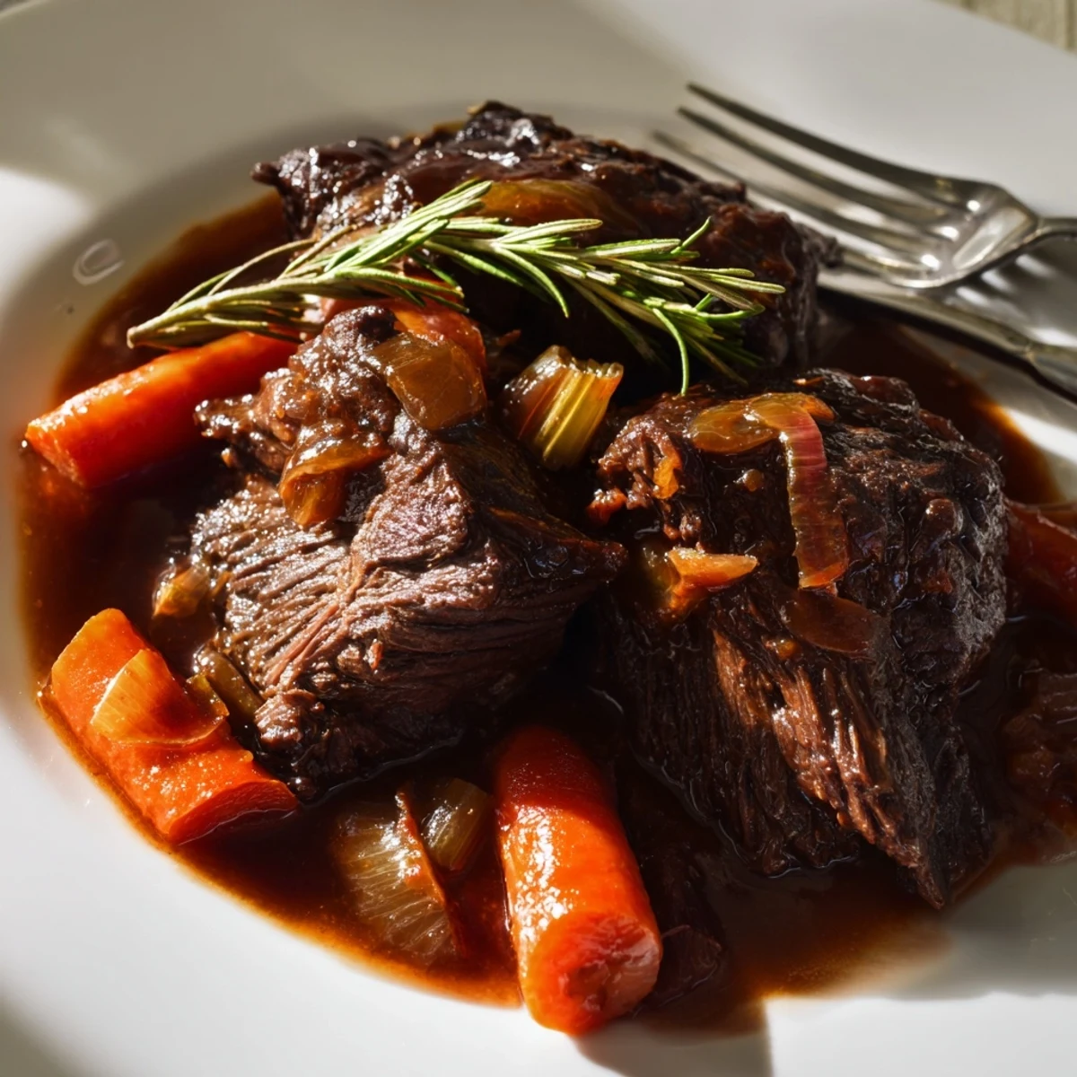 Golden seared beef chuck roast braised slowly in sweet red grape juice with herbs