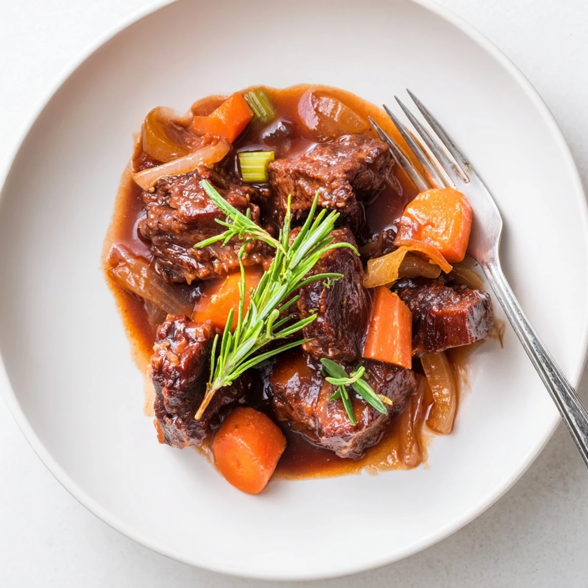 Succulent sliced red grape juice braised chuck roast plated with roasted vegetables