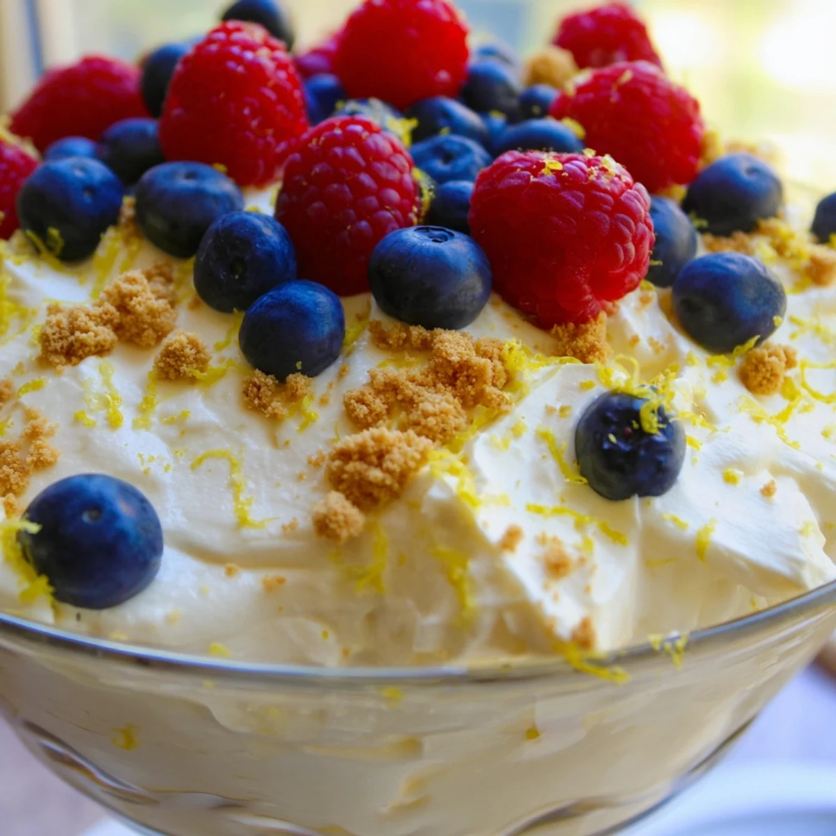 Light and fluffy lemon cheesecake mousse dessert with graham cracker crumbs and whipped cream