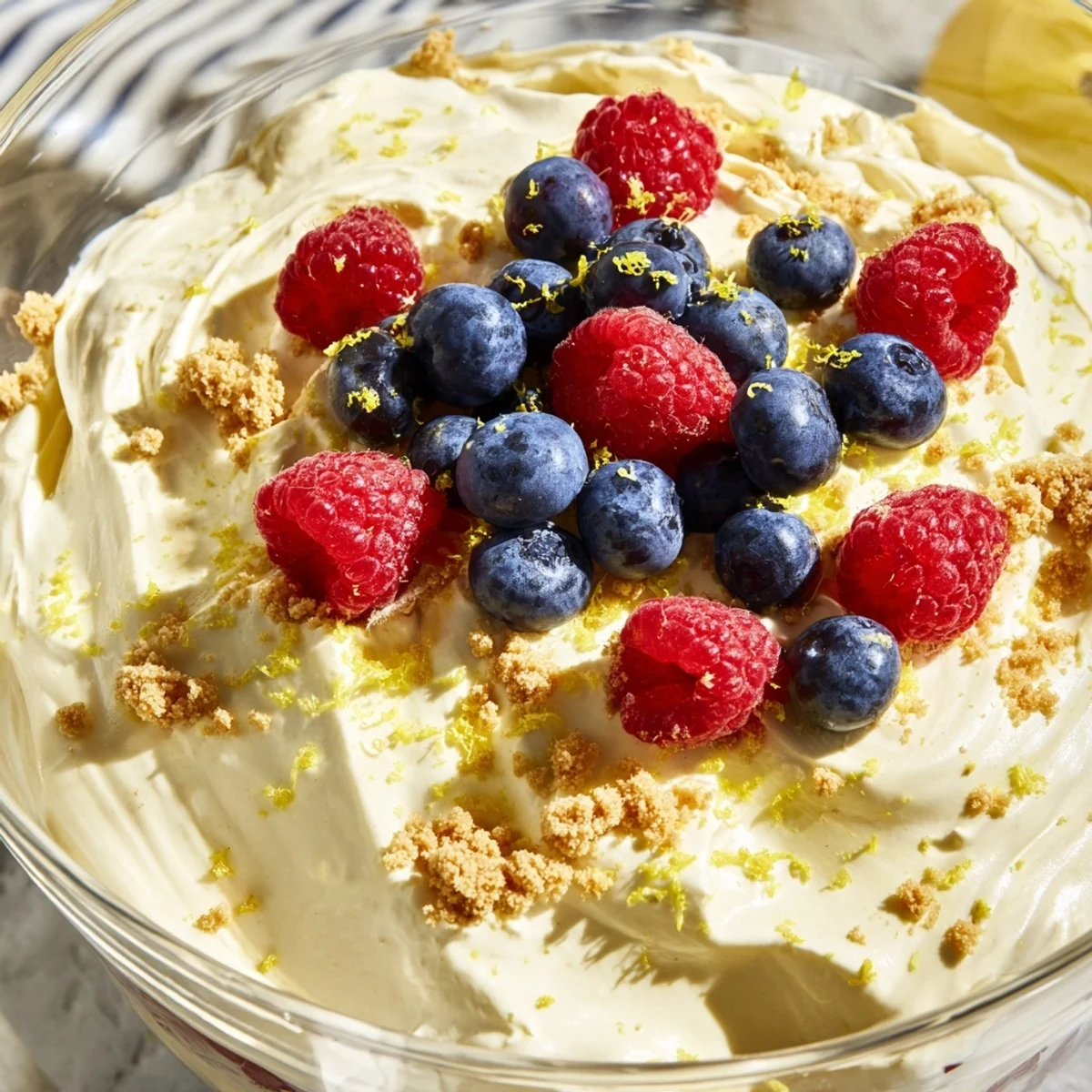 Creamy lemon cheesecake mousse topped with fresh berries and zest in clear glass bowls
