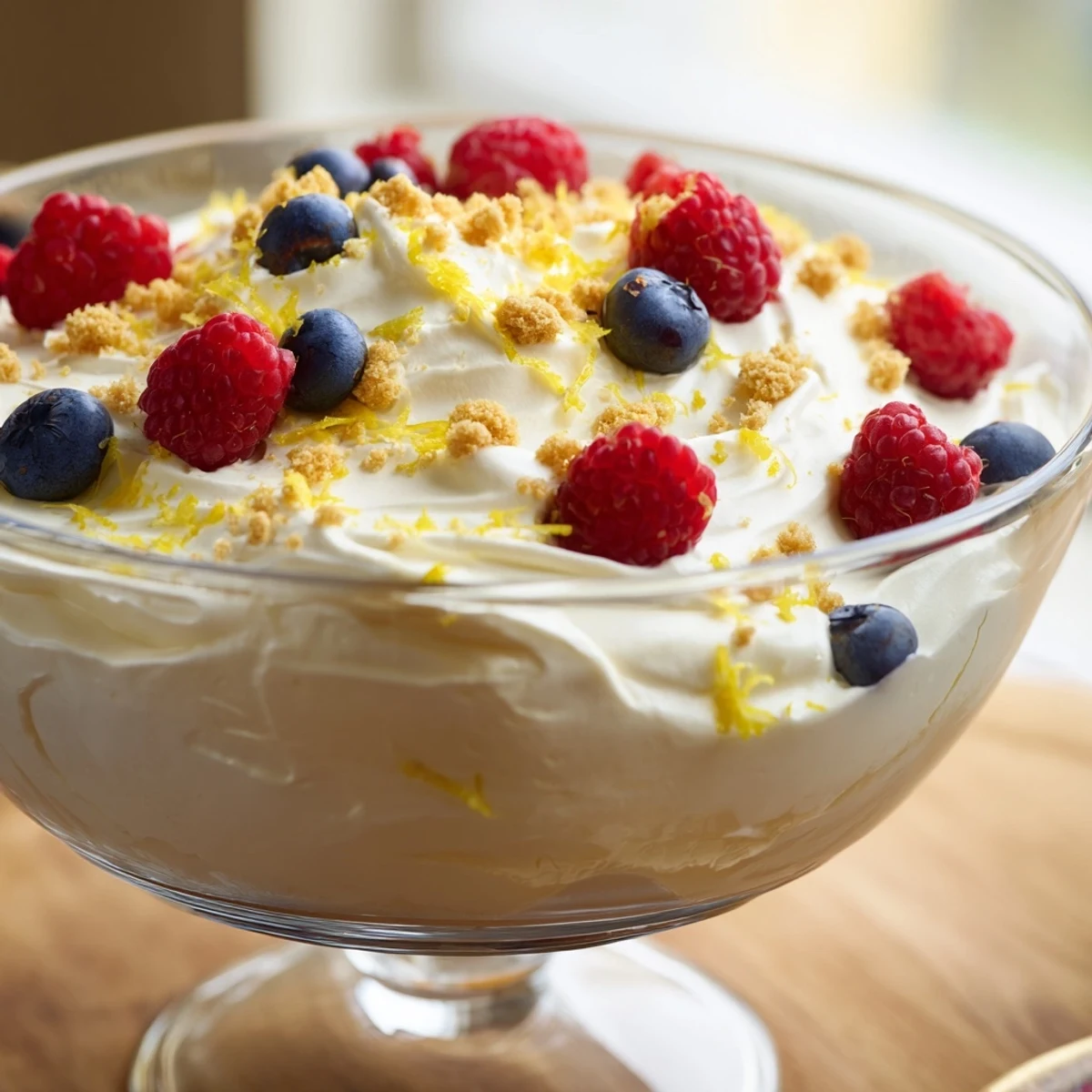 Tangy lemon cheesecake mousse served in elegant glasses with bright yellow lemon zest garnish