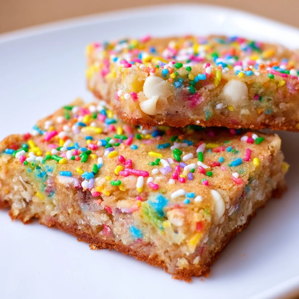 Golden Spring Funfetti Blondies topped with rainbow sprinkles on a white plate