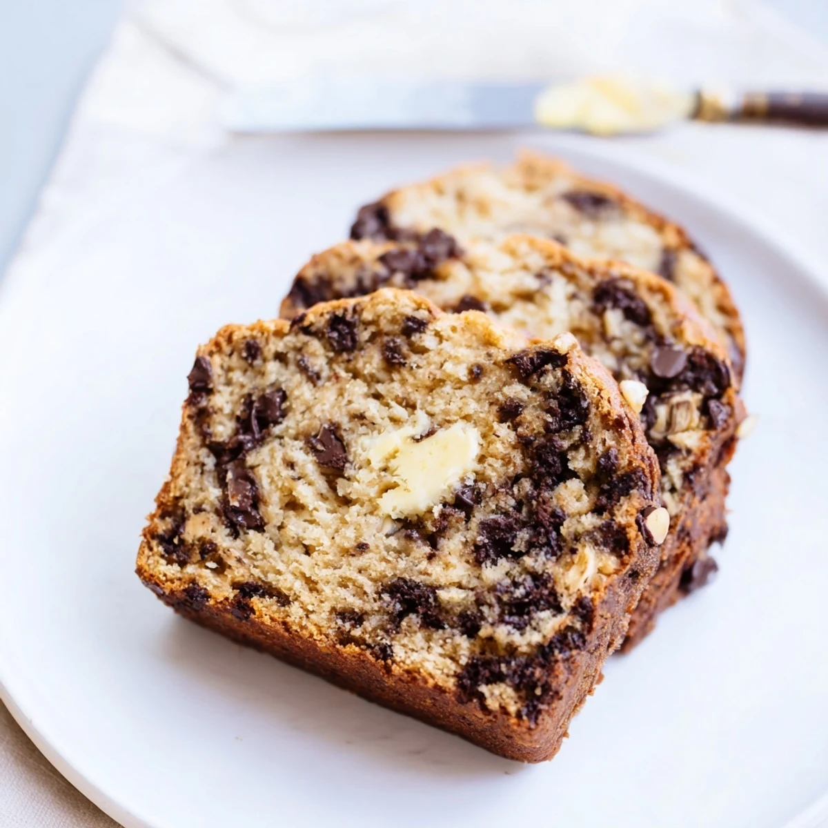 Warm slice of best ever banana bread served on a white plate with walnuts and honey drizzle