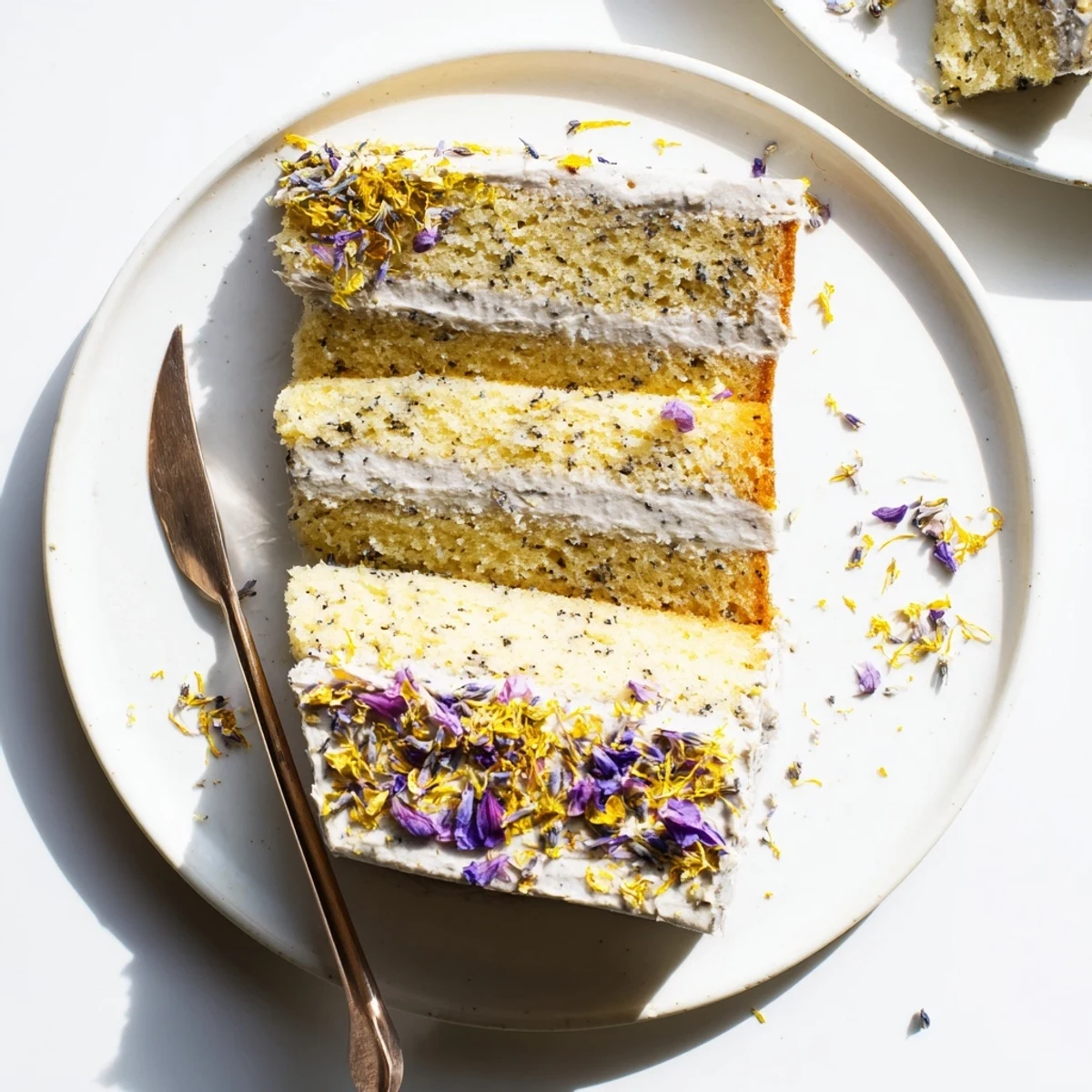 Three-tier London Fog cake topped with edible flowers and lemon zest garnish