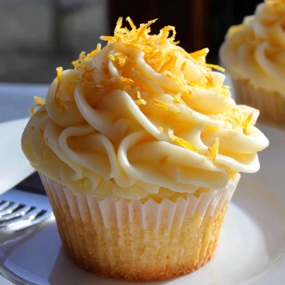 Golden orange blossom cupcakes topped with fluffy citrus frosting and fresh orange zest garnish