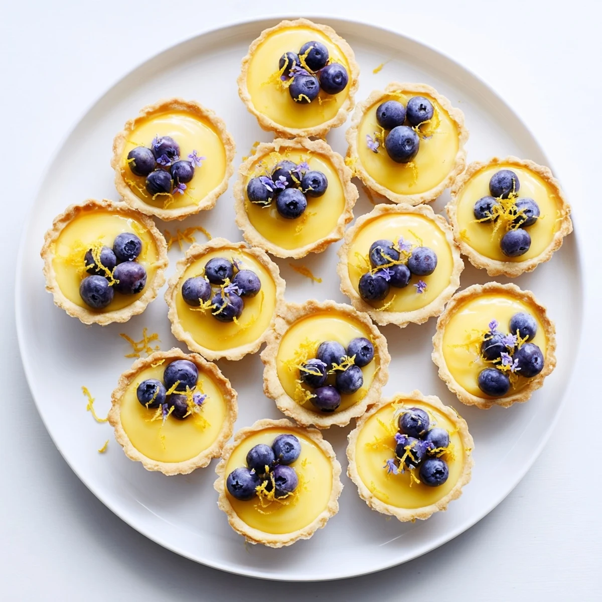 Golden mini vegan lemon tarts nestled in a muffin tin with vibrant yellow creamy filling set in flaky pastry shells